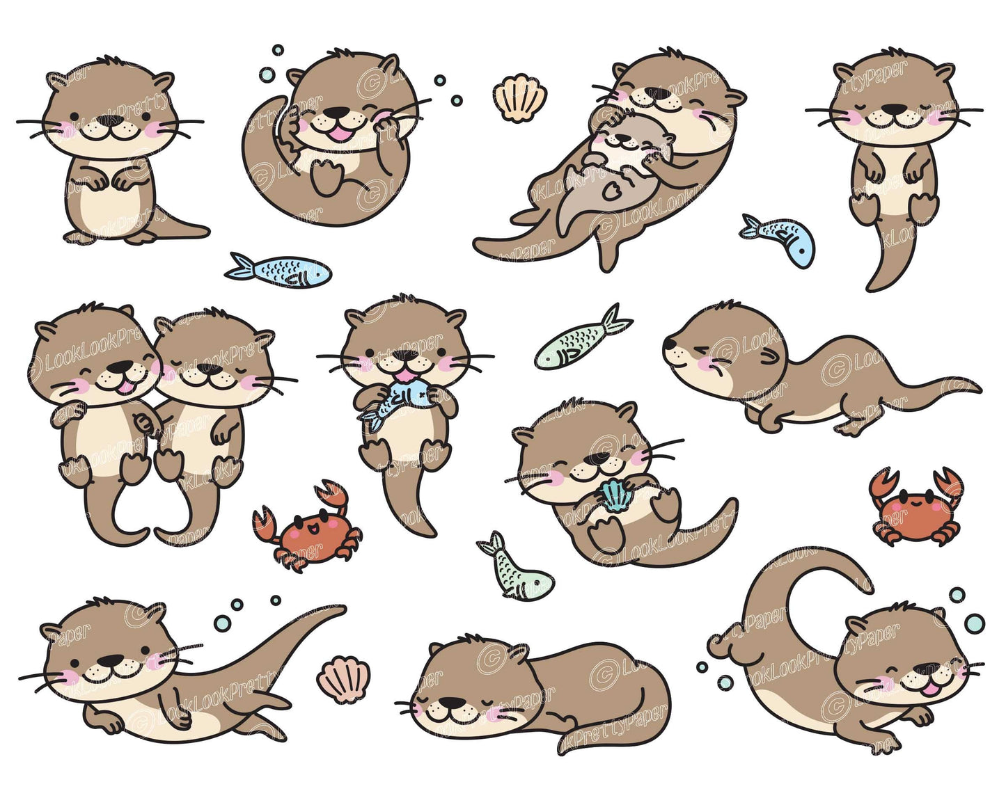 Premium Vector Clipart - Kawaii Otters - Cute Otters Clipart Set - High Quality Vectors - Instant Download - Kawaii Clipart