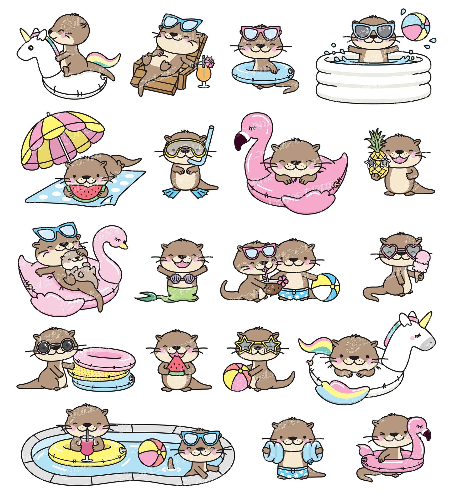 Premium Vector Clipart - Kawaii Otter - Cute Otters Pool Party Clipart - Pool Party - Instant Download - Kawaii Clipart