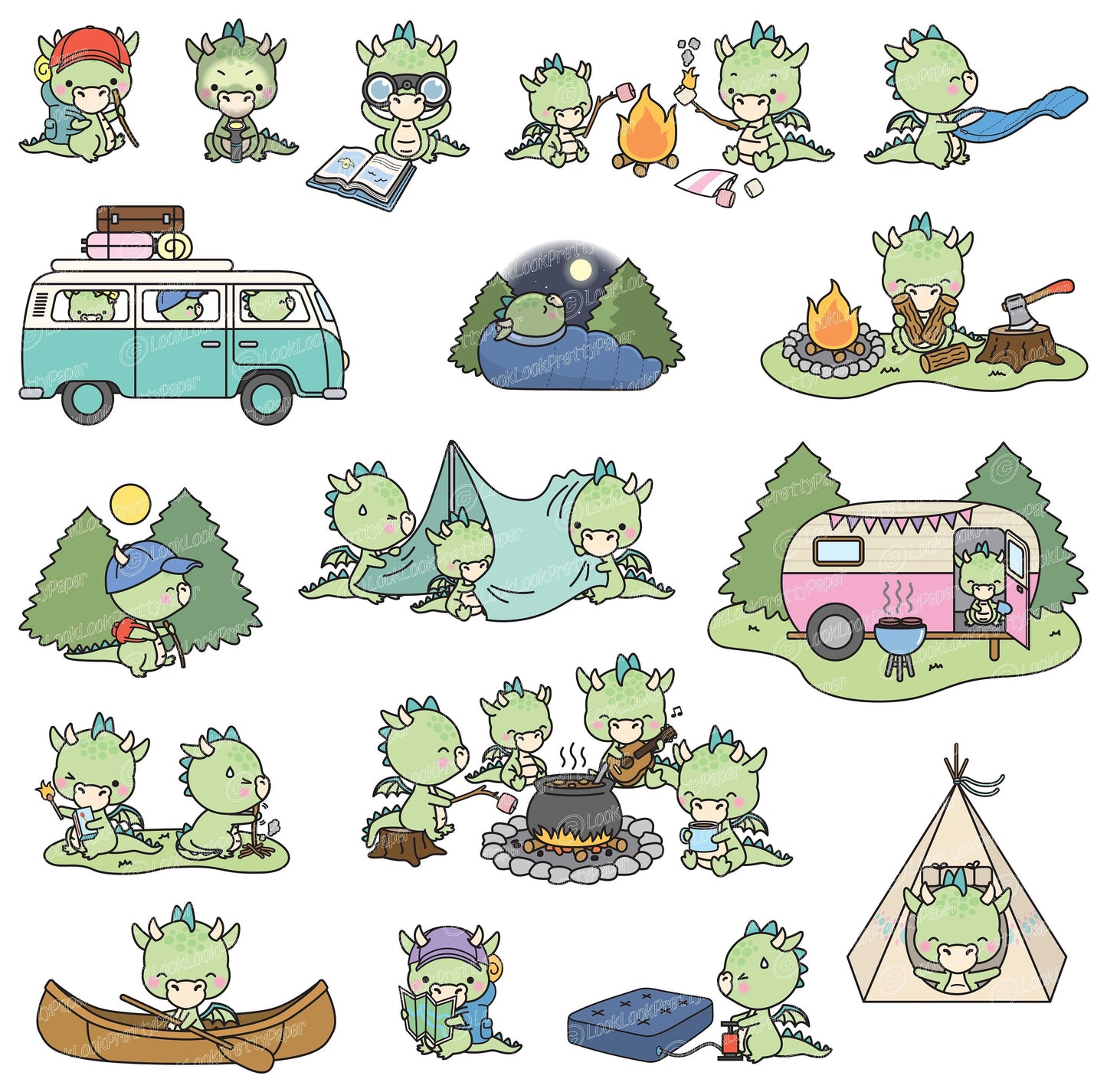 Premium Vector Clipart - Kawaii Dragons - Cute Dragon Camping Clipart Set - Instant Download - Kawaii Clipart