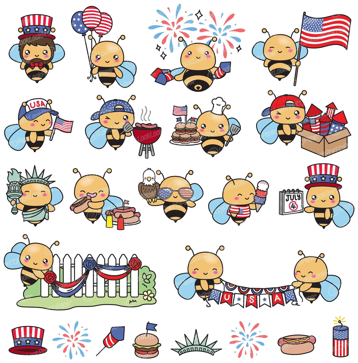 Premium Vector Clipart - Kawaii Bee - Cute Bee Clipart - 4th of July Penguins - Independence Day BBQ - Kawaii Clipart