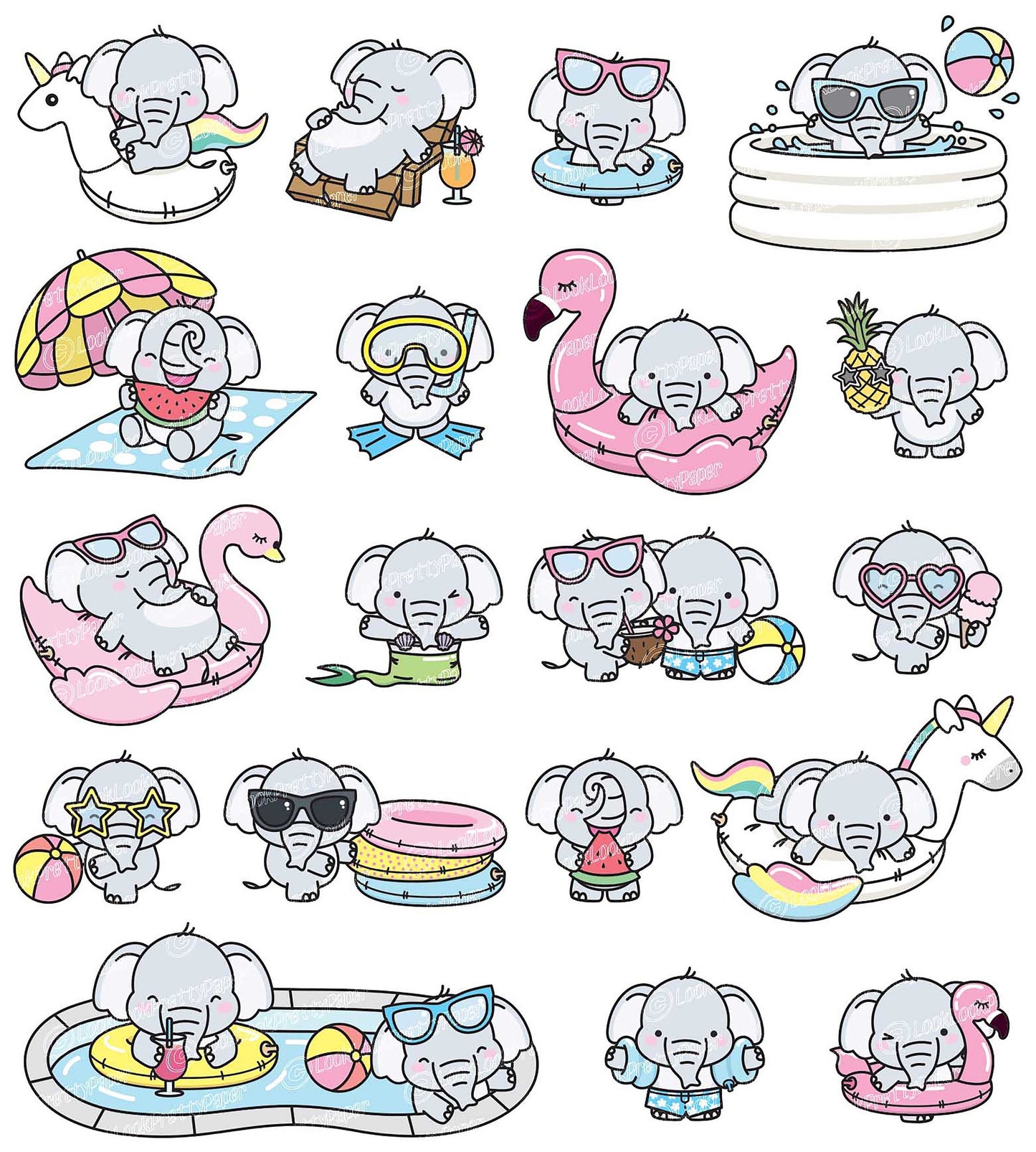 Premium Vector Clipart - Kawaii Elephant - Cute Elephant Pool Party Clipart - Pool Party - Instant Download - Kawaii Clipart