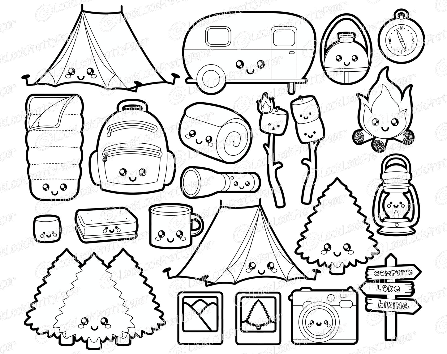 Premium Vector Clipart - Kawaii Camping Clipart - Kawaii Camping Clip art Set - High Quality Vectors - Outlines - Kawaii Clipart