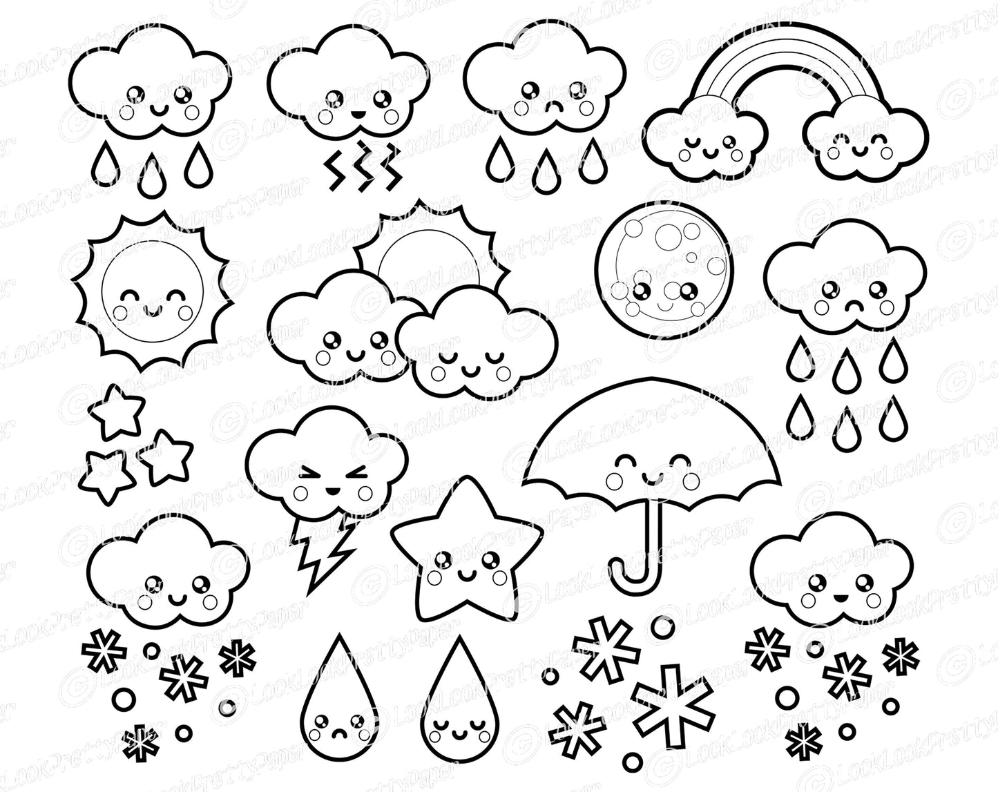 Premium Vector Clipart - Kawaii Weather Clipart - Kawaii Weather Clip art Set - High Quality Vectors - Outlines - Kawaii Clipart