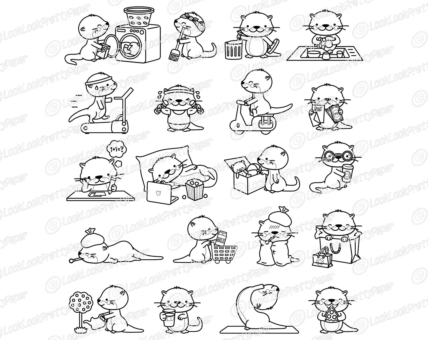 Premium Vector Clipart - Kawaii Otter - Cute Otters Planning Clipart - Getting Stuff Done - Instant Download - Kawaii Clipart - Outlines