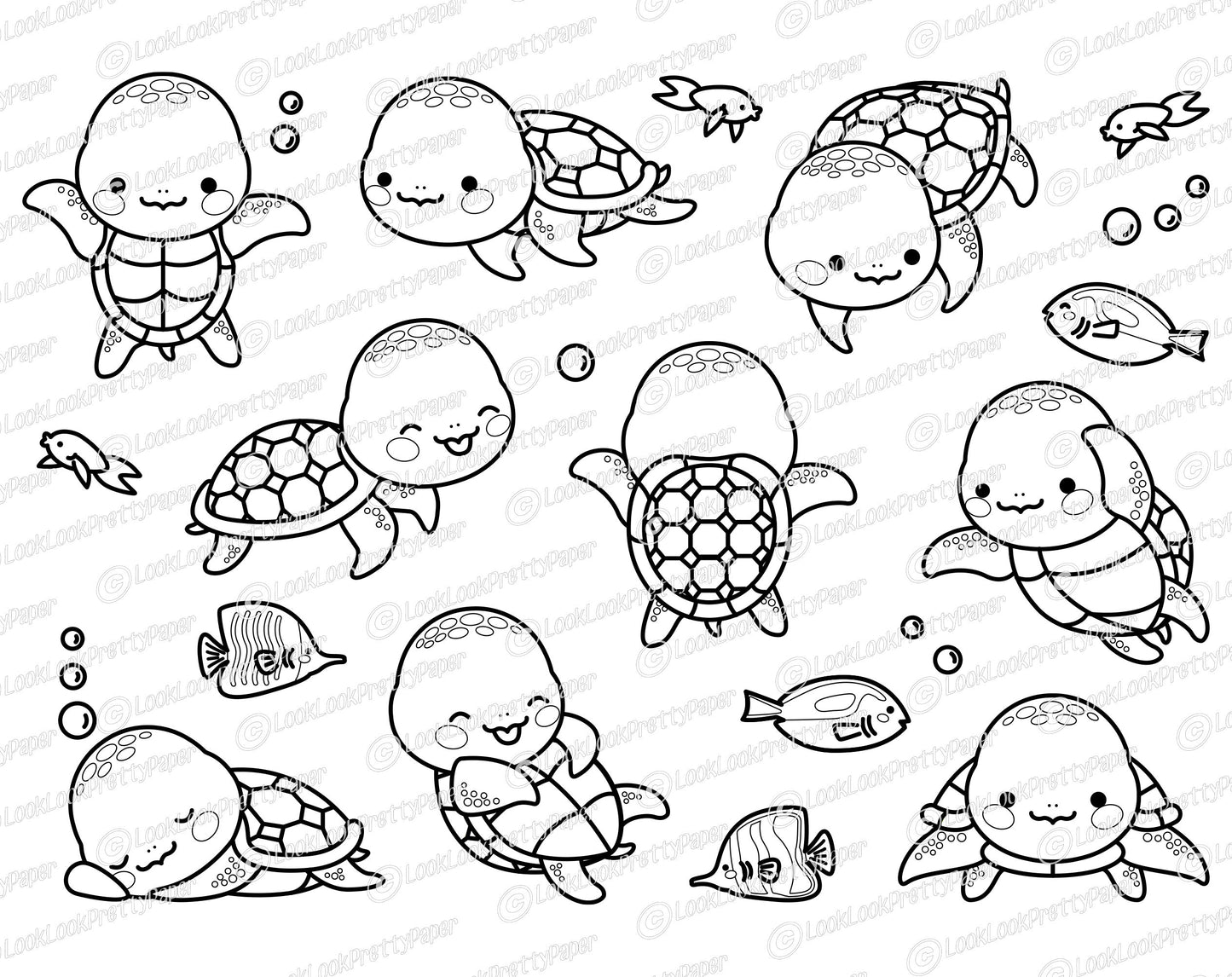 Premium Vector Clipart - Kawaii Turtle - Cute Turtle Clipart Set - Sea Turtle - Outlines - High Quality Vectors - Instant Download