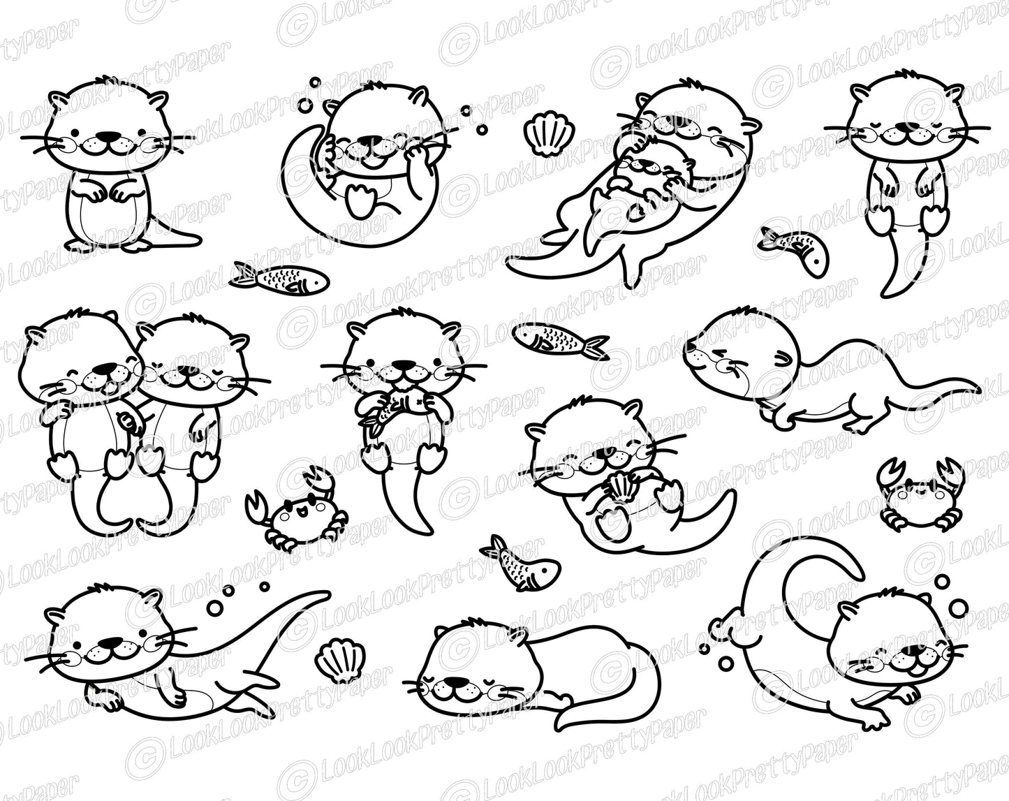 Premium Vector Clipart - Kawaii Otters - Cute Otters Clipart Set - High Quality Vectors - Instant Download - Kawaii Clipart - Outlines