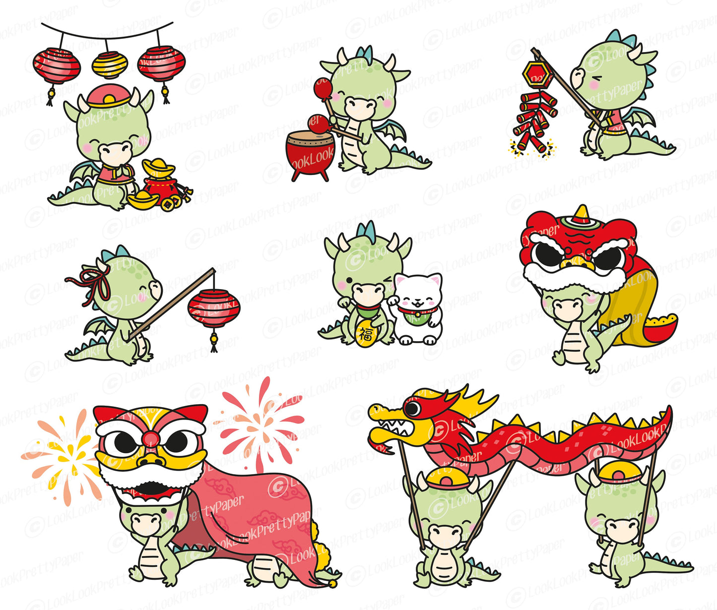 Premium Vector Clipart - Kawaii Chinese New Year - Cute Year of the Dragon - 2024 - Kawaii Dragon - Instant Download - Kawaii Clipart