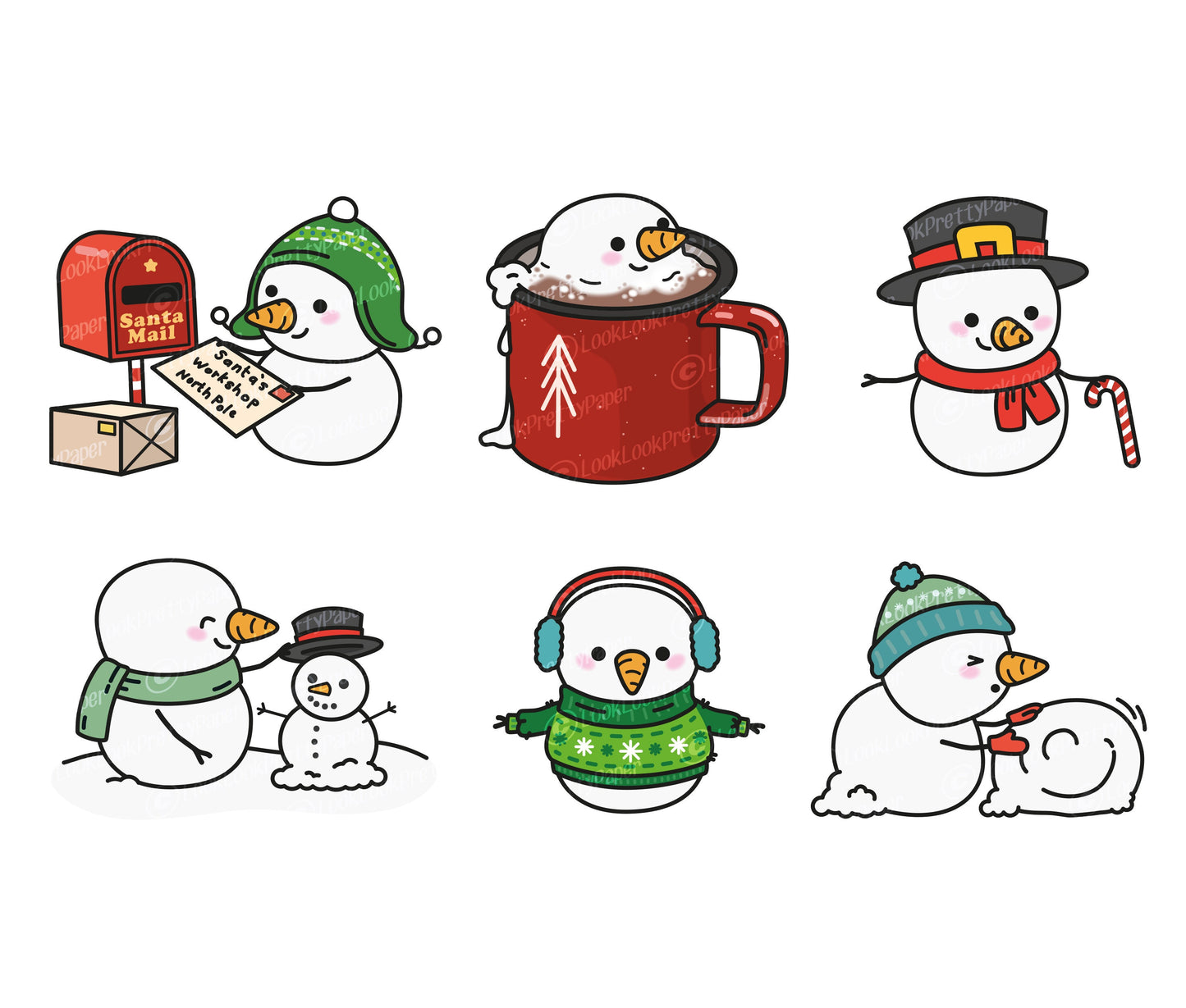 Premium Vector Clipart - Kawaii Snowman - Cute Christmas Snowmen Clipart Set - High Quality Vectors - Instant Download - Kawaii Clipart