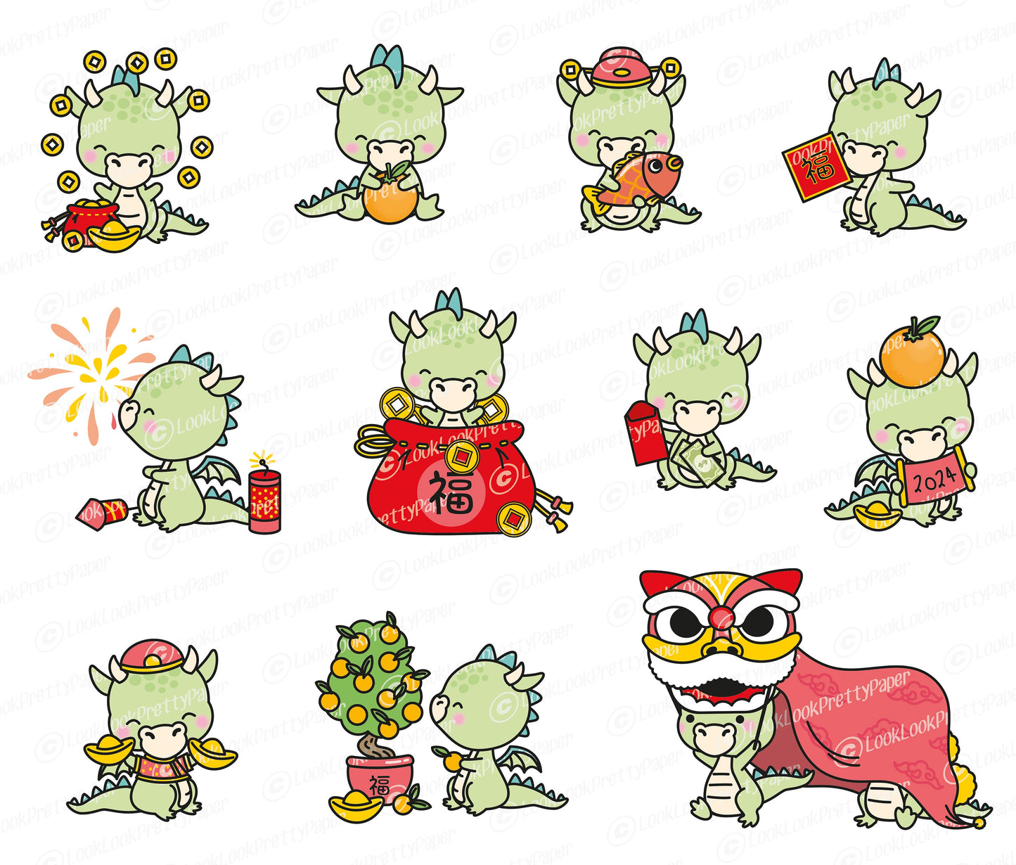 Premium Vector Clipart - Kawaii Chinese New Year - Cute Year of the Dragon - 2024 - Kawaii Dragon - Instant Download - Kawaii Clipart