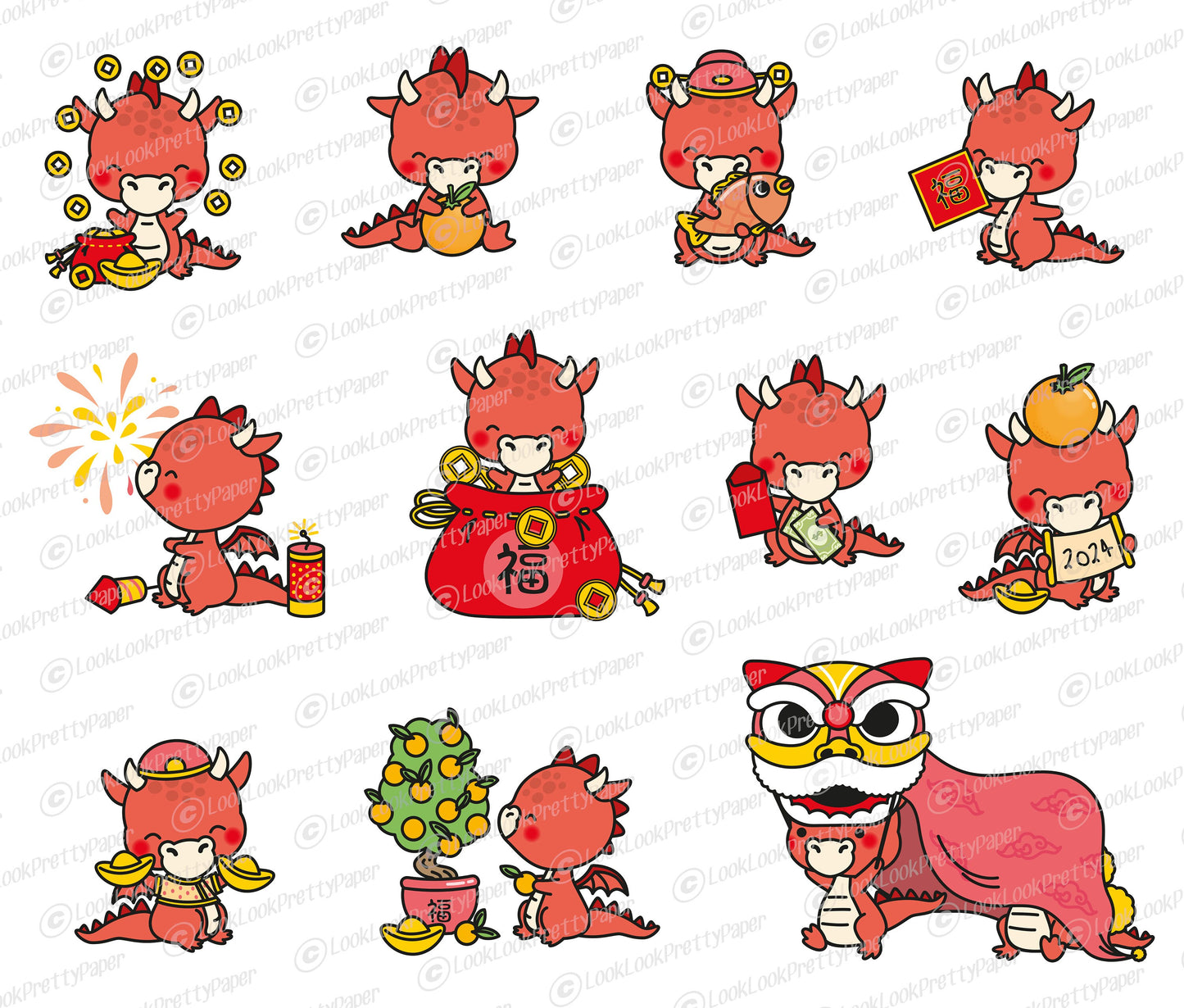 Premium Vector Clipart - Kawaii Chinese New Year - Cute Year of the Dragon - 2024 - Kawaii Red Dragon - Instant Download - Kawaii Clipart