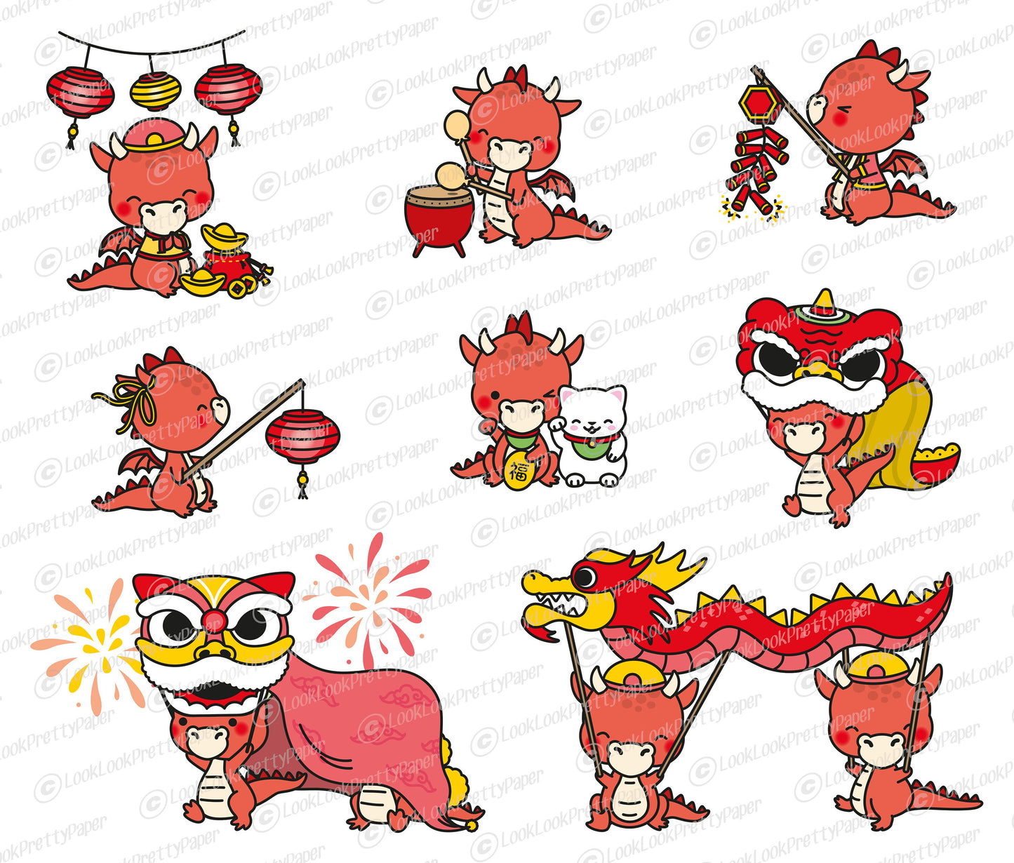 Premium Vector Clipart - Kawaii Chinese New Year - Cute Year of the Dragon - 2024 - Kawaii Red Dragon - Instant Download - Kawaii Clipart