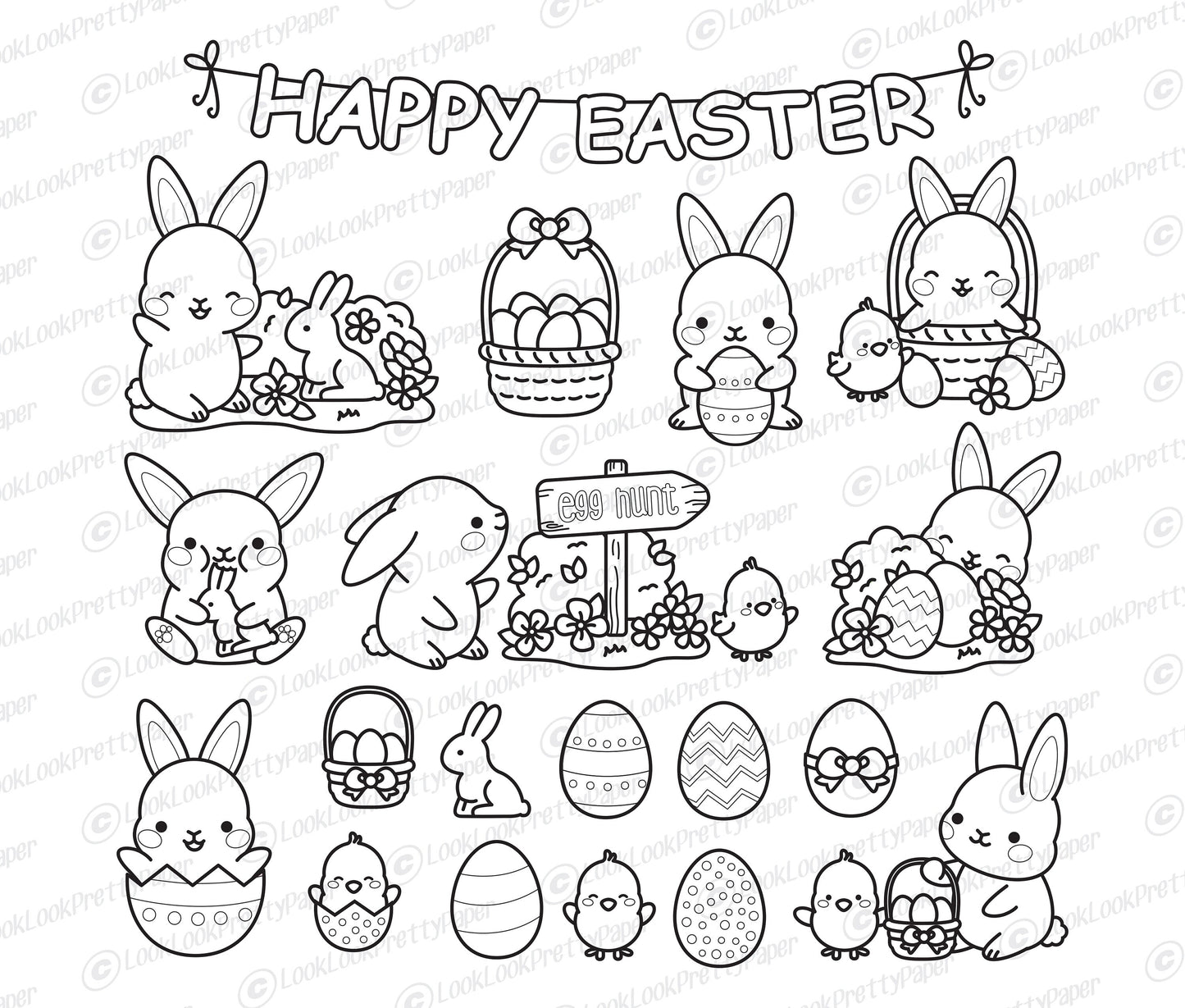 Premium Vector Clipart - Kawaii Easter Outlines - Black & White Easter Clipart - Easter Bunny - High Quality Vectors - Kawaii Easter Clipart