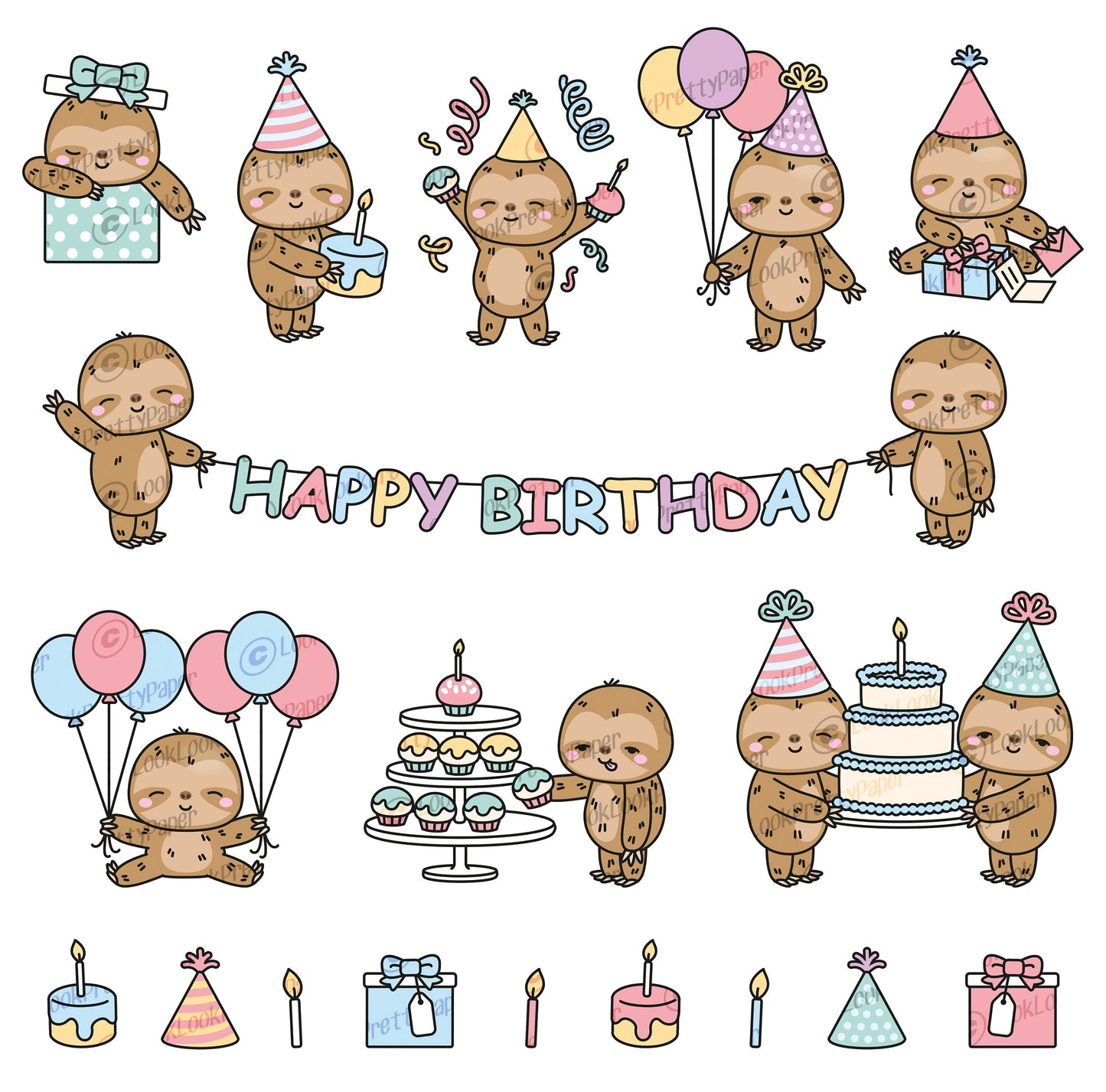 Premium Vector Clipart - Kawaii Birthday Sloths - Cute Birthday Sloth Clipart Set - High Quality Vectors - Kawaii Birthday Clipart