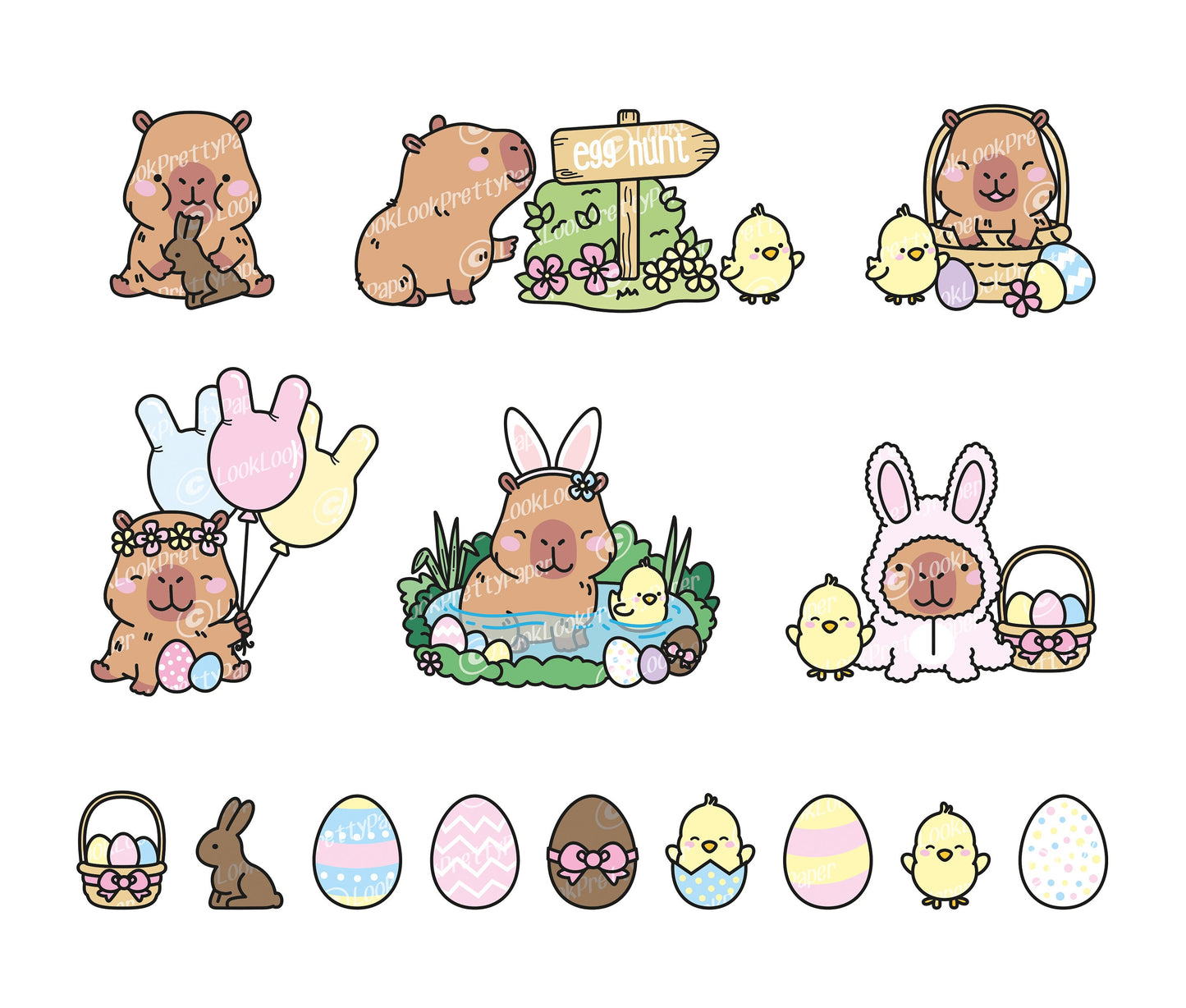 Premium Vector Clipart - Kawaii Easter Capybaras - Cute Easter Capybara Clipart Set - High Quality Vectors - Kawaii Easter Clipart