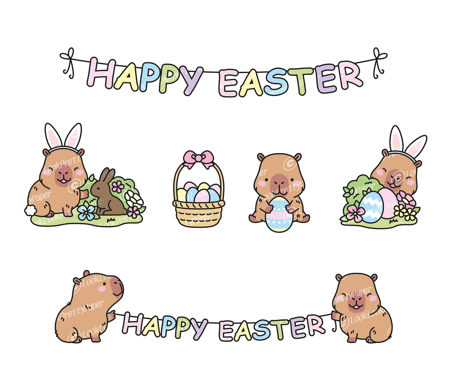 Premium Vector Clipart - Kawaii Easter Capybaras - Cute Easter Capybara Clipart Set - High Quality Vectors - Kawaii Easter Clipart