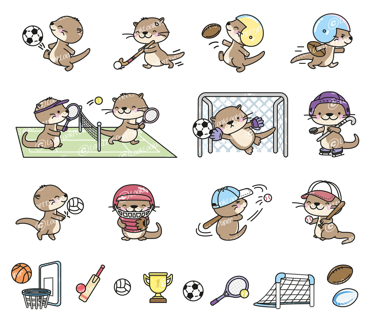 Premium Vector Clipart - Kawaii Sporty Otter - Cute Otter Sport Clipart - Instant Download - Kawaii Clipart