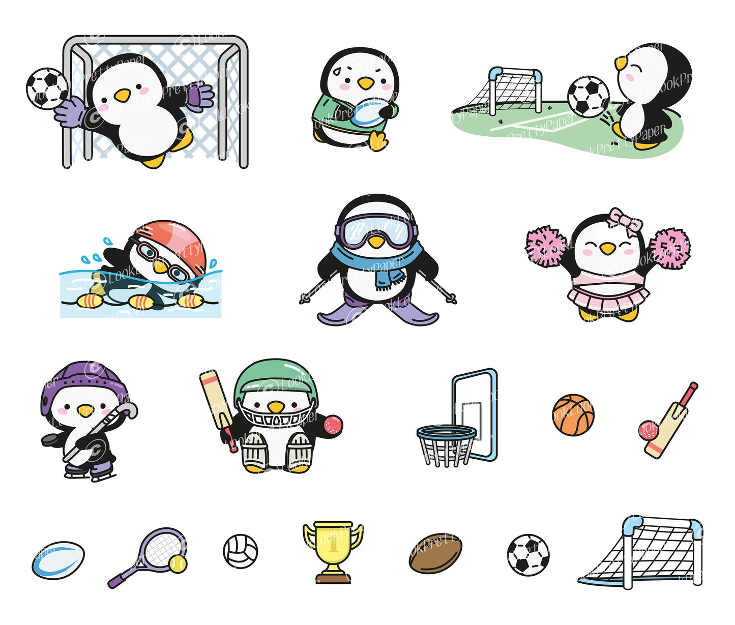 Premium Vector Clipart - Kawaii Sport Penguin - Cute Penguin Sporty Clipart - Instant Download - Kawaii Clipart