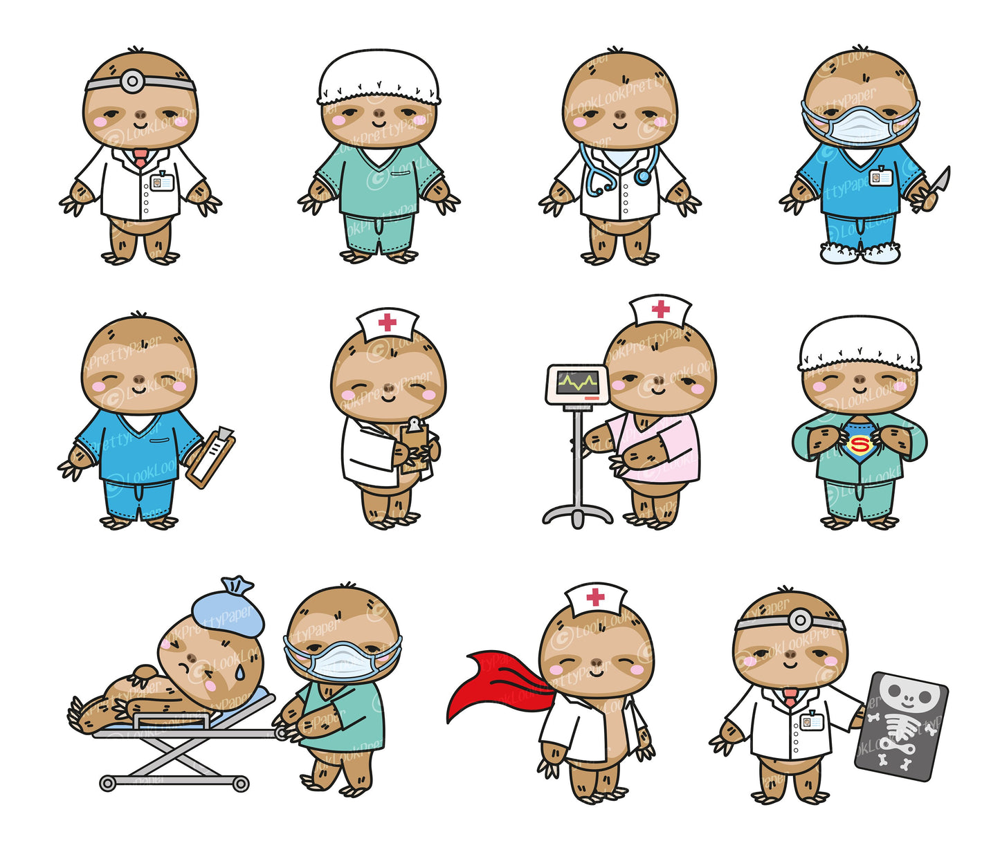 Premium Vector Clipart - Kawaii Sloth - Cute Sloths Healthcare Heros Clipart - Sloth Doctors - Instant Download - Kawaii Clipart