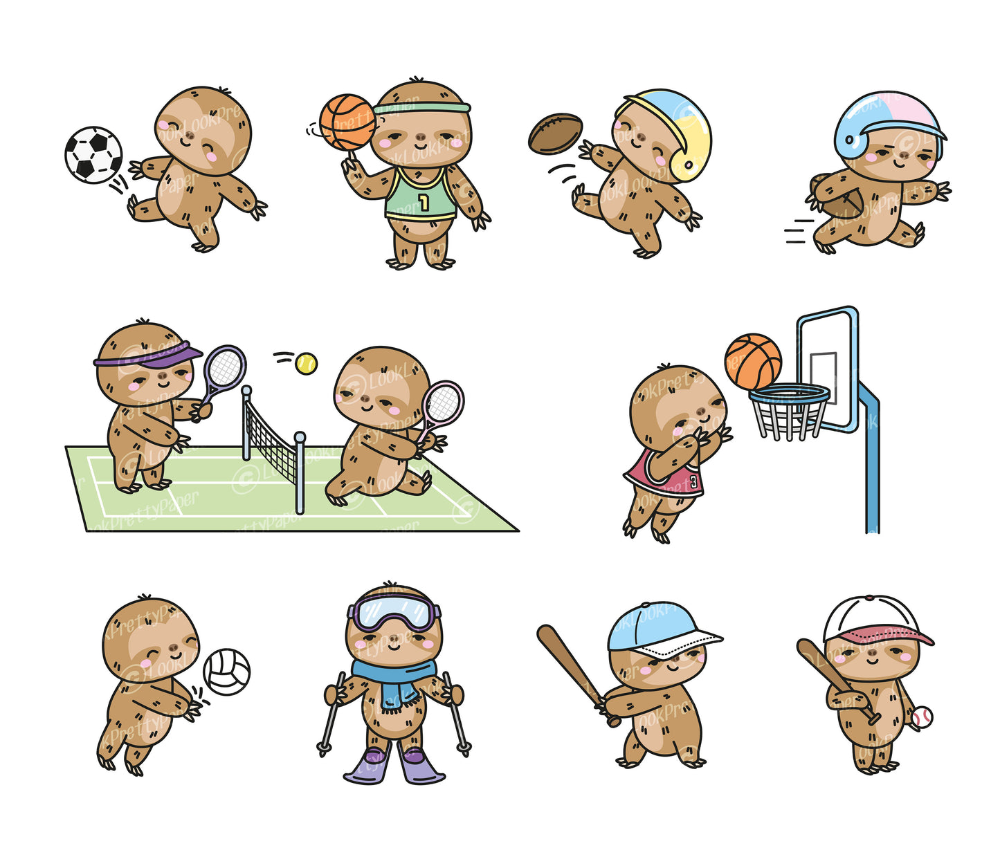 Premium Vector Clipart - Kawaii Sporty Sloth - Cute Sloths Sport Clipart - Instant Download - Kawaii Clipart