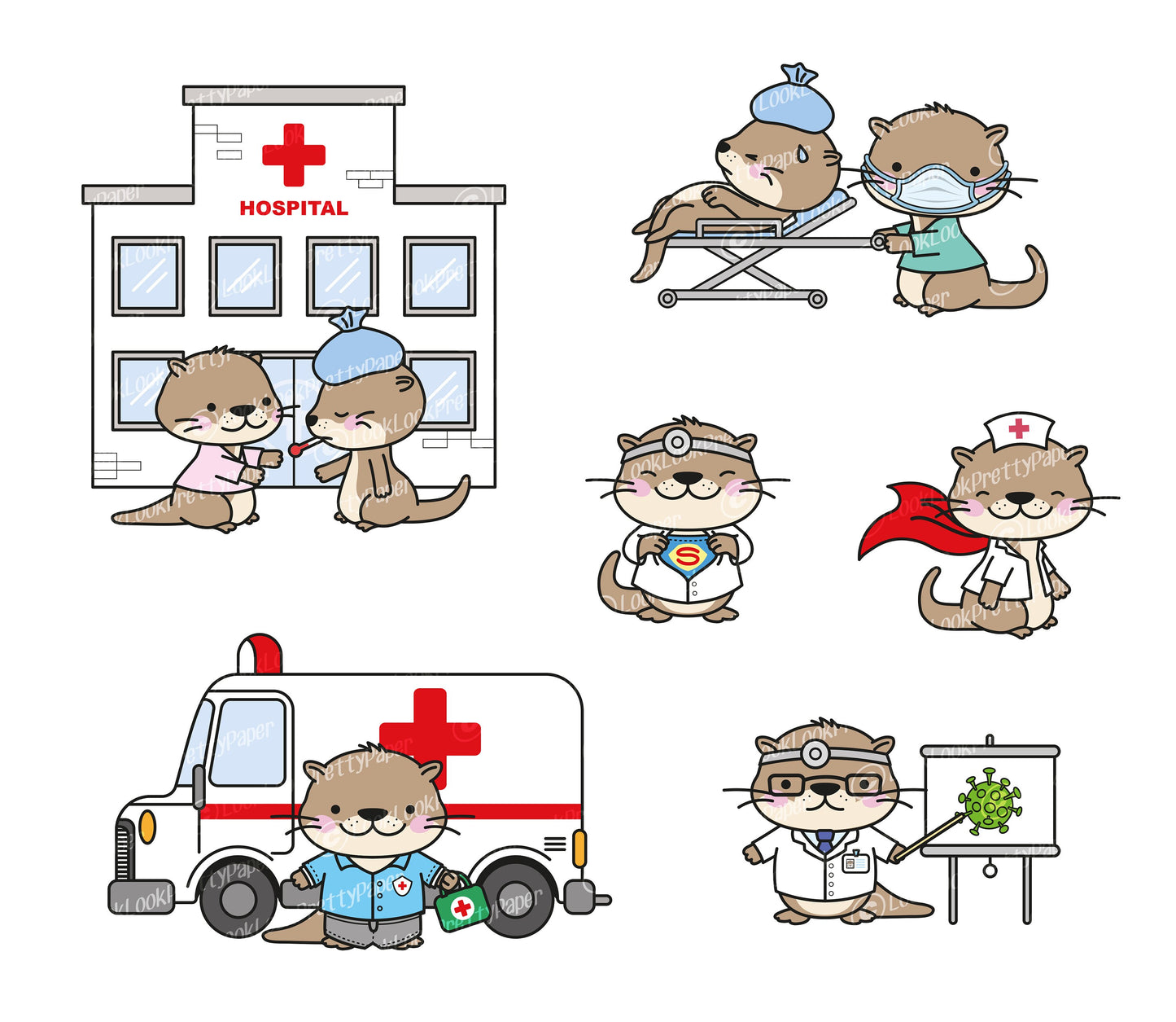 Premium Vector Clipart - Kawaii Otter - Cute Otters Healthcare Heros Clipart - Otter Doctors - Instant Download - Kawaii Clipart