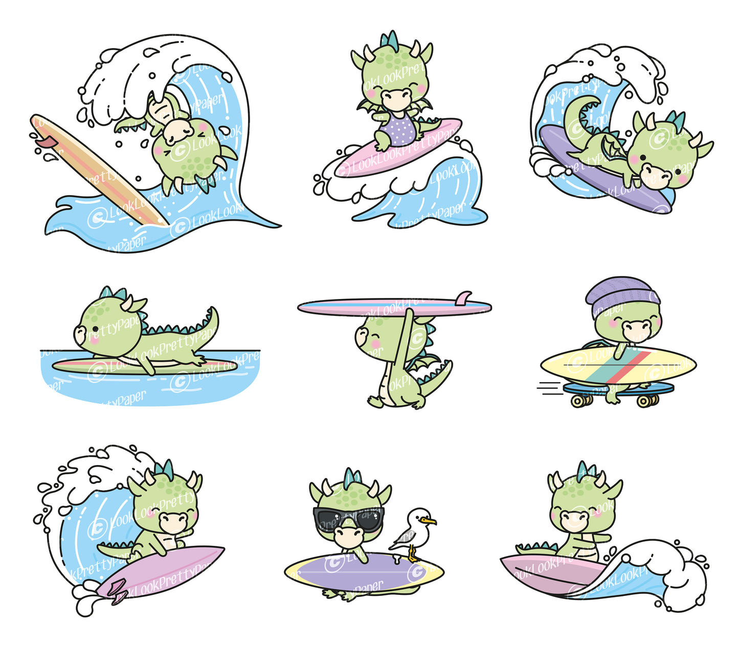 Premium Vector Clipart - Kawaii Dragons Surfing - Cute Dragons Surf Clipart Set - High Quality Vectors - Instant Download - Kawaii Clipart