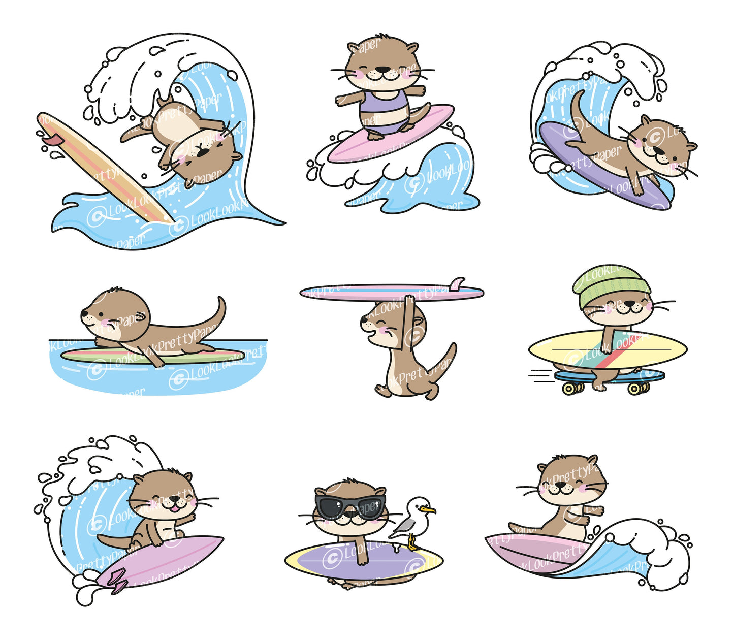 Premium Vector Clipart - Kawaii Otters Surfing - Cute Otters Surf Clipart Set - High Quality Vectors - Instant Download - Kawaii Clipart