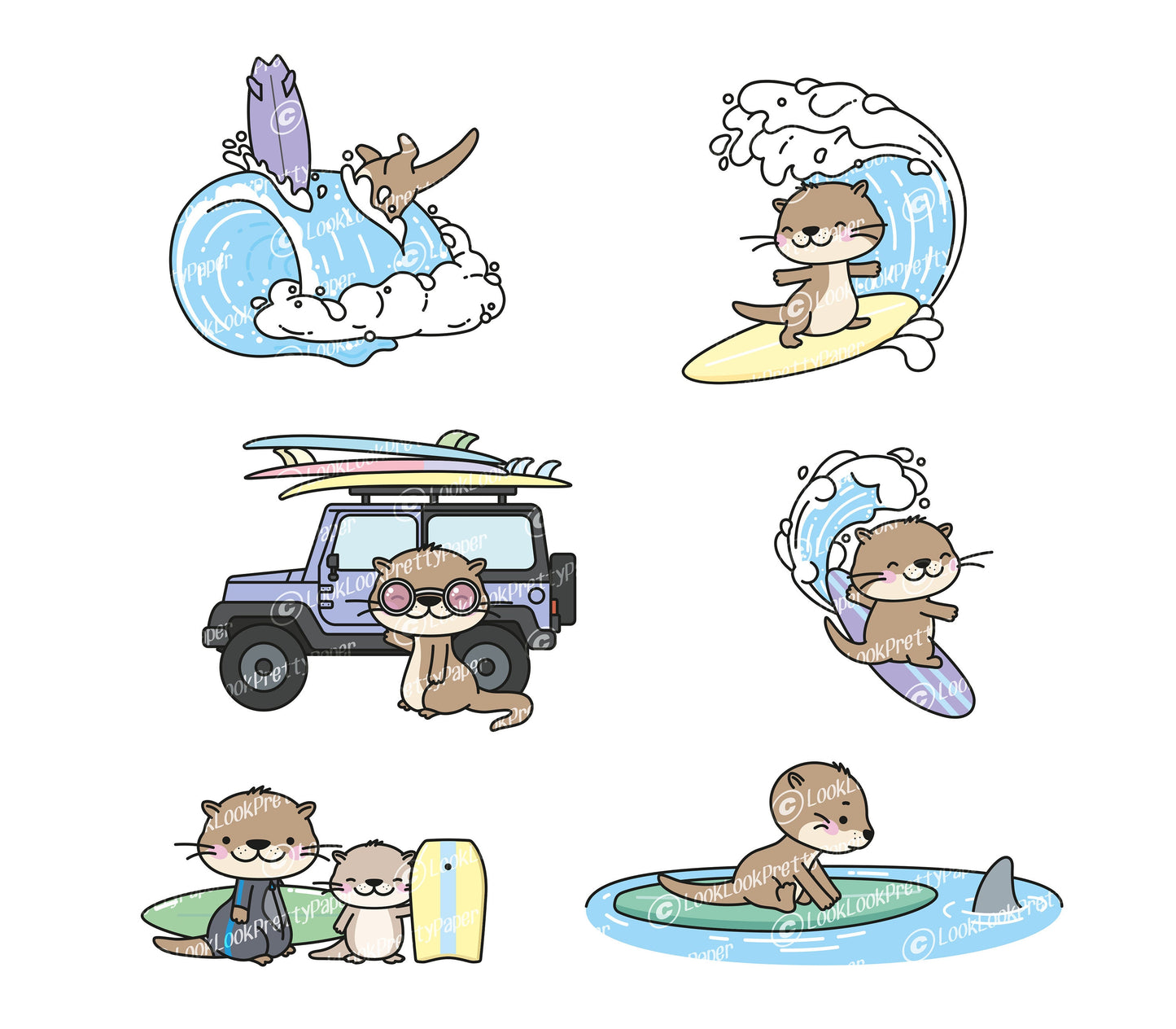 Premium Vector Clipart - Kawaii Otters Surfing - Cute Otters Surf Clipart Set - High Quality Vectors - Instant Download - Kawaii Clipart