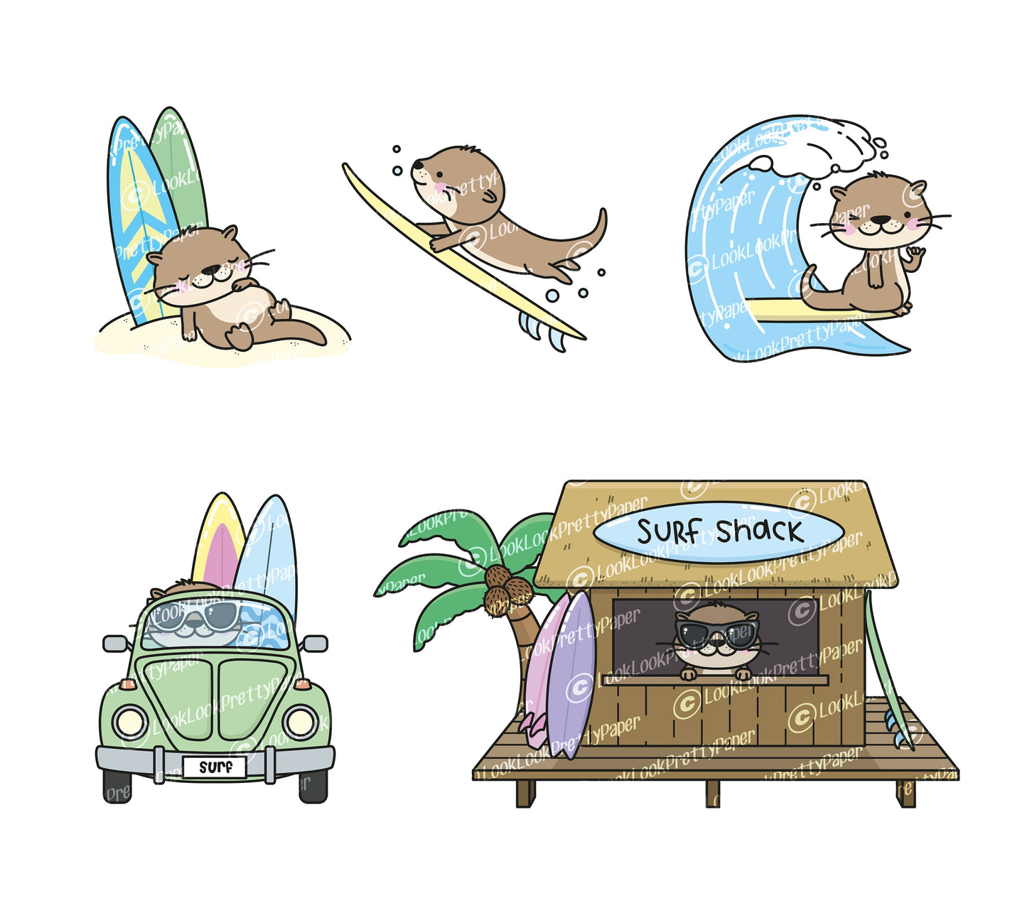 Premium Vector Clipart - Kawaii Otters Surfing - Cute Otters Surf Clipart Set - High Quality Vectors - Instant Download - Kawaii Clipart