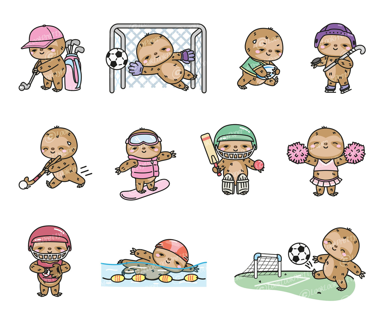 Premium Vector Clipart - Kawaii Sporty Sloth - Cute Sloths Sport Clipart - Instant Download - Kawaii Clipart