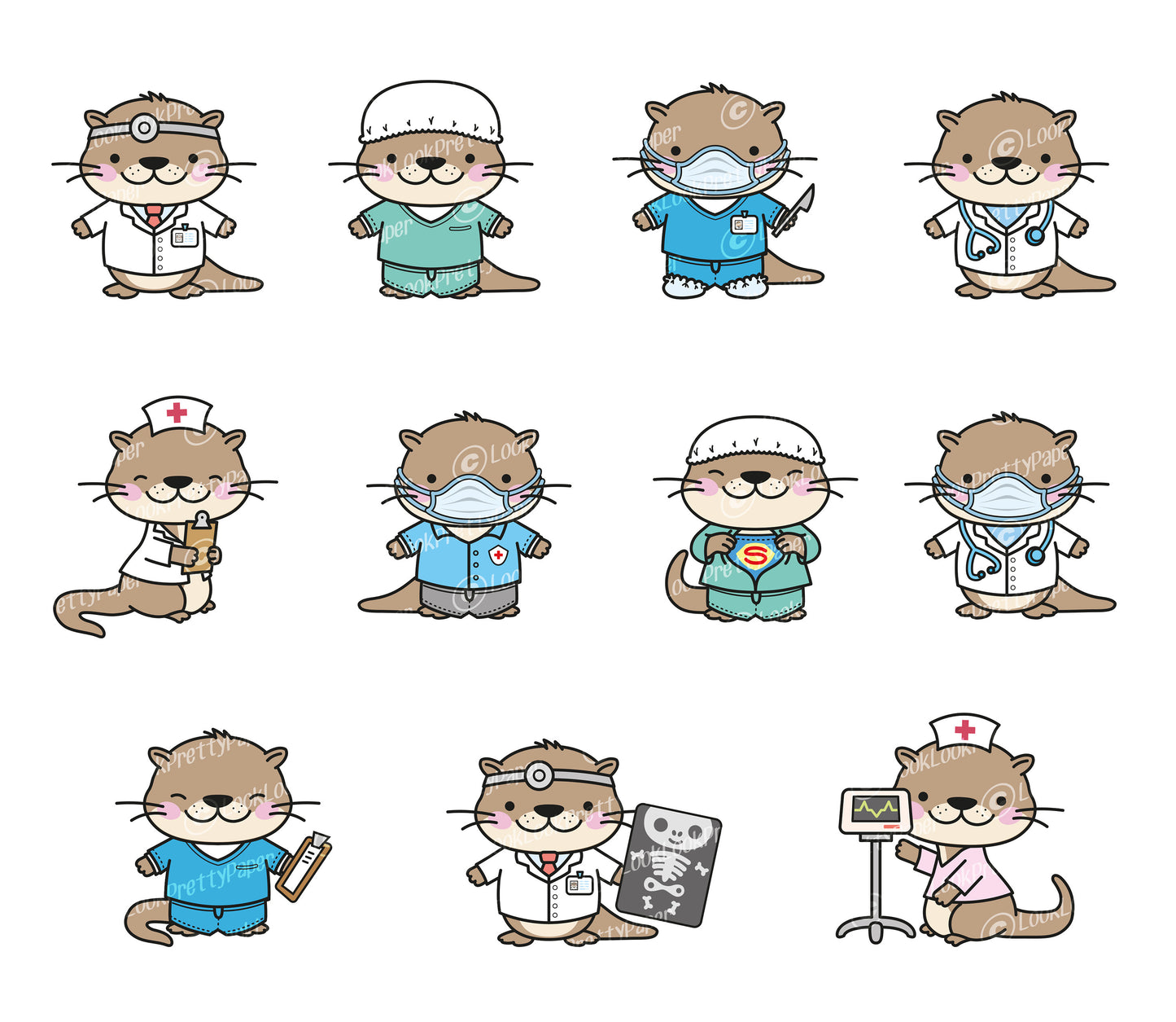 Premium Vector Clipart - Kawaii Otter - Cute Otters Healthcare Heros Clipart - Otter Doctors - Instant Download - Kawaii Clipart