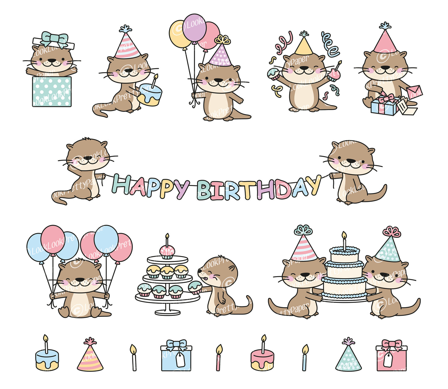 Premium Vector Clipart - Kawaii Birthday Otters - Cute Birthday Otter Clipart Set - High Quality Vectors - Kawaii Birthday Clipart