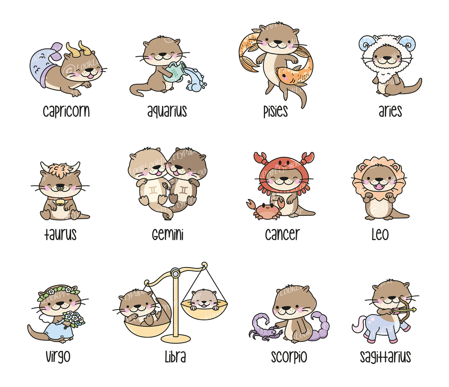 Premium Vector Clipart - Kawaii Otters Zodiac - Cute Otter Star Signs Clipart Set - High Quality Vectors - Instant Download - Kawaii Clipart