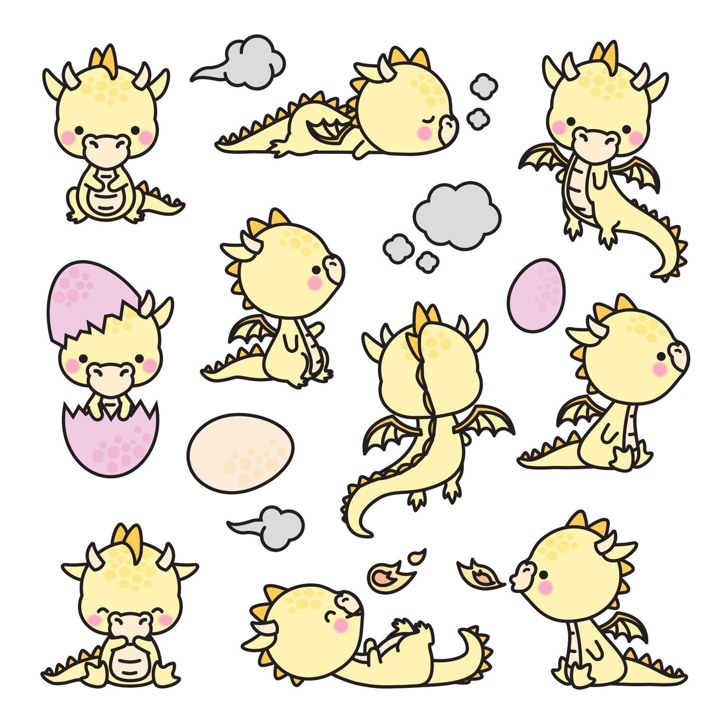 Premium Vector Clipart - Kawaii Yellow Dragon - Cute Baby Dragons Clipart Set - High Quality Vectors - Instant Download - Kawaii Clipart