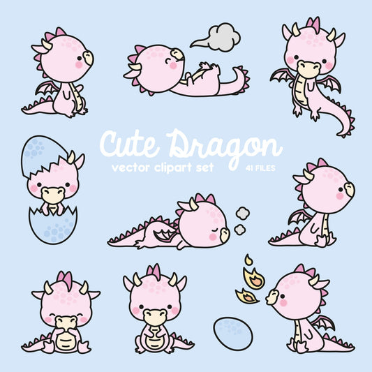 Premium Vector Clipart - Kawaii Pink Dragon - Cute Baby Dragons Clipart Set - High Quality Vectors - Instant Download - Kawaii Clipart