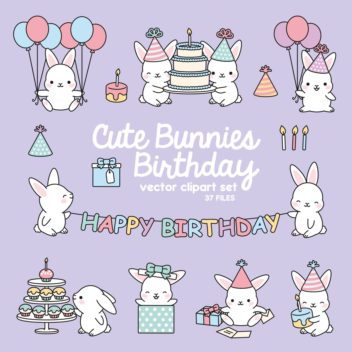 Premium Vector Clipart - Kawaii Birthday Bunnies - Cute Birthday Bunny Clipart Set - High Quality Vectors - Kawaii Christmas Clipart