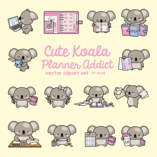 Premium Vector Clipart - Kawaii Koala - Cute Koalas Planner Addict Clipart - Koala Loves Planning - Instant Download - Kawaii Clipart