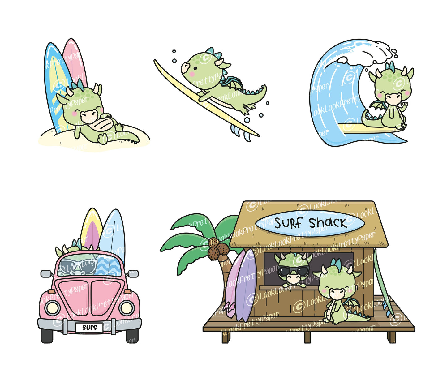 Premium Vector Clipart - Kawaii Dragons Surfing - Cute Dragons Surf Clipart Set - High Quality Vectors - Instant Download - Kawaii Clipart