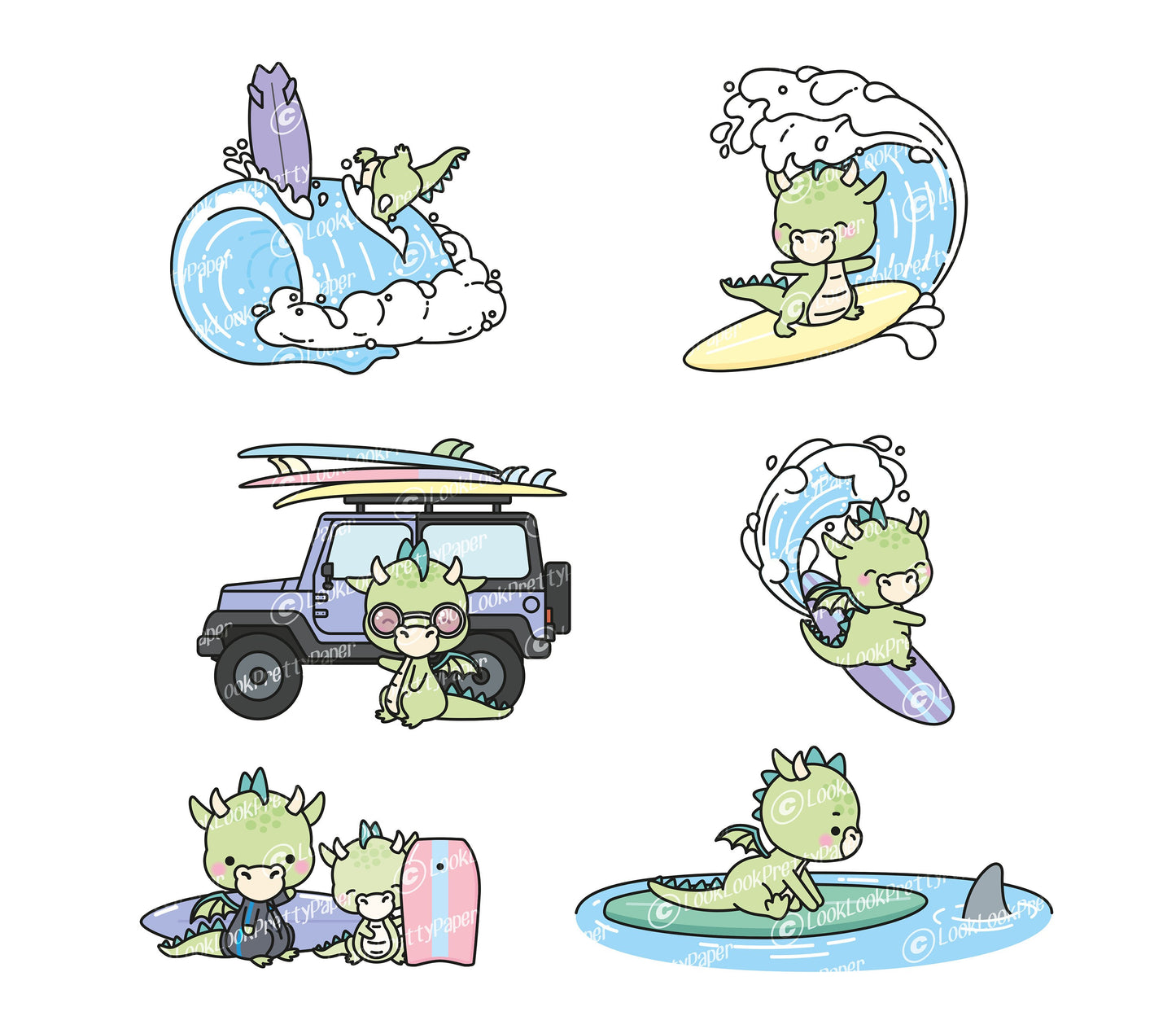 Premium Vector Clipart - Kawaii Dragons Surfing - Cute Dragons Surf Clipart Set - High Quality Vectors - Instant Download - Kawaii Clipart