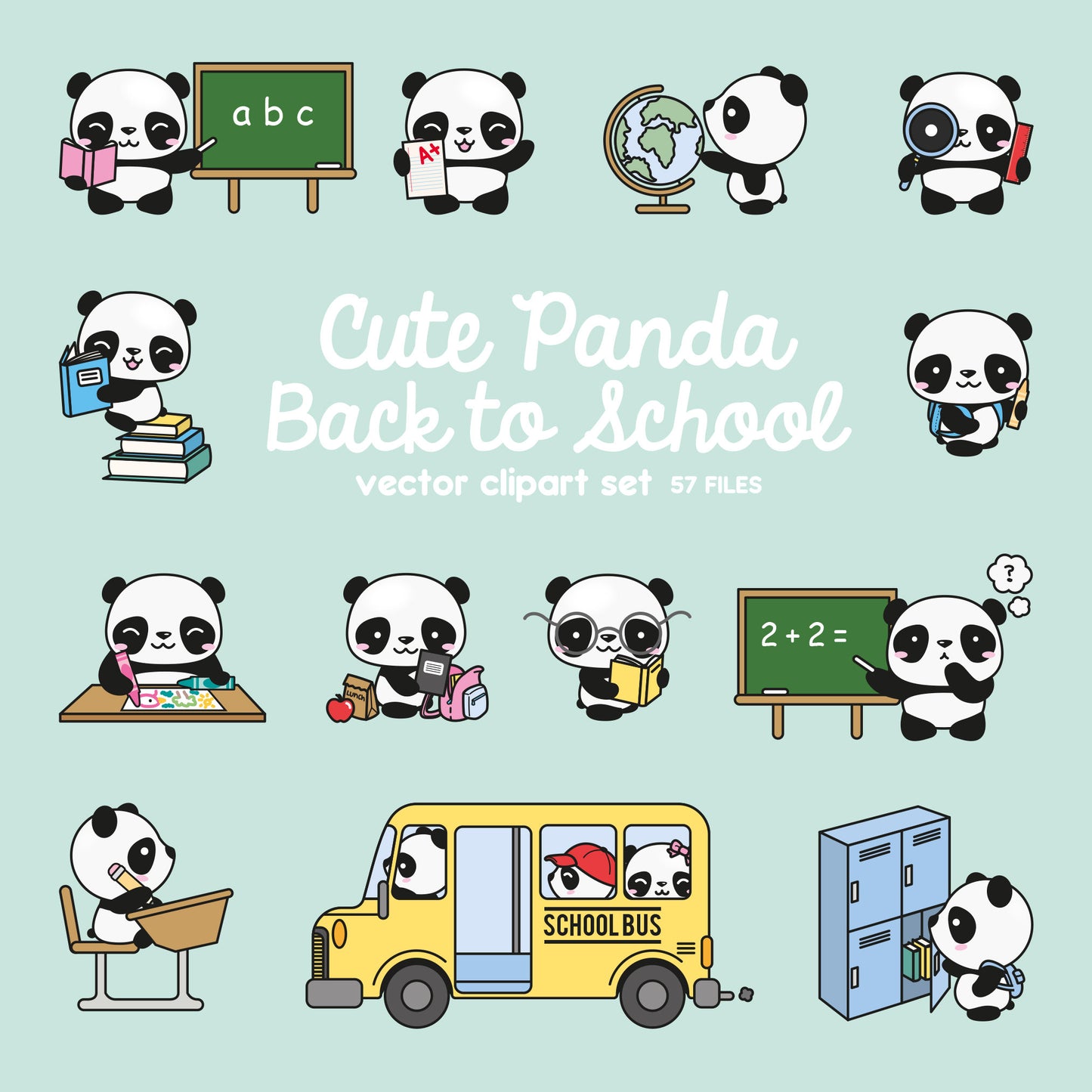 Premium Vector Clipart - Kawaii Pandas Back To School - Cute Panda Clipart Set - High Quality Vectors - Kawaii School Clipart