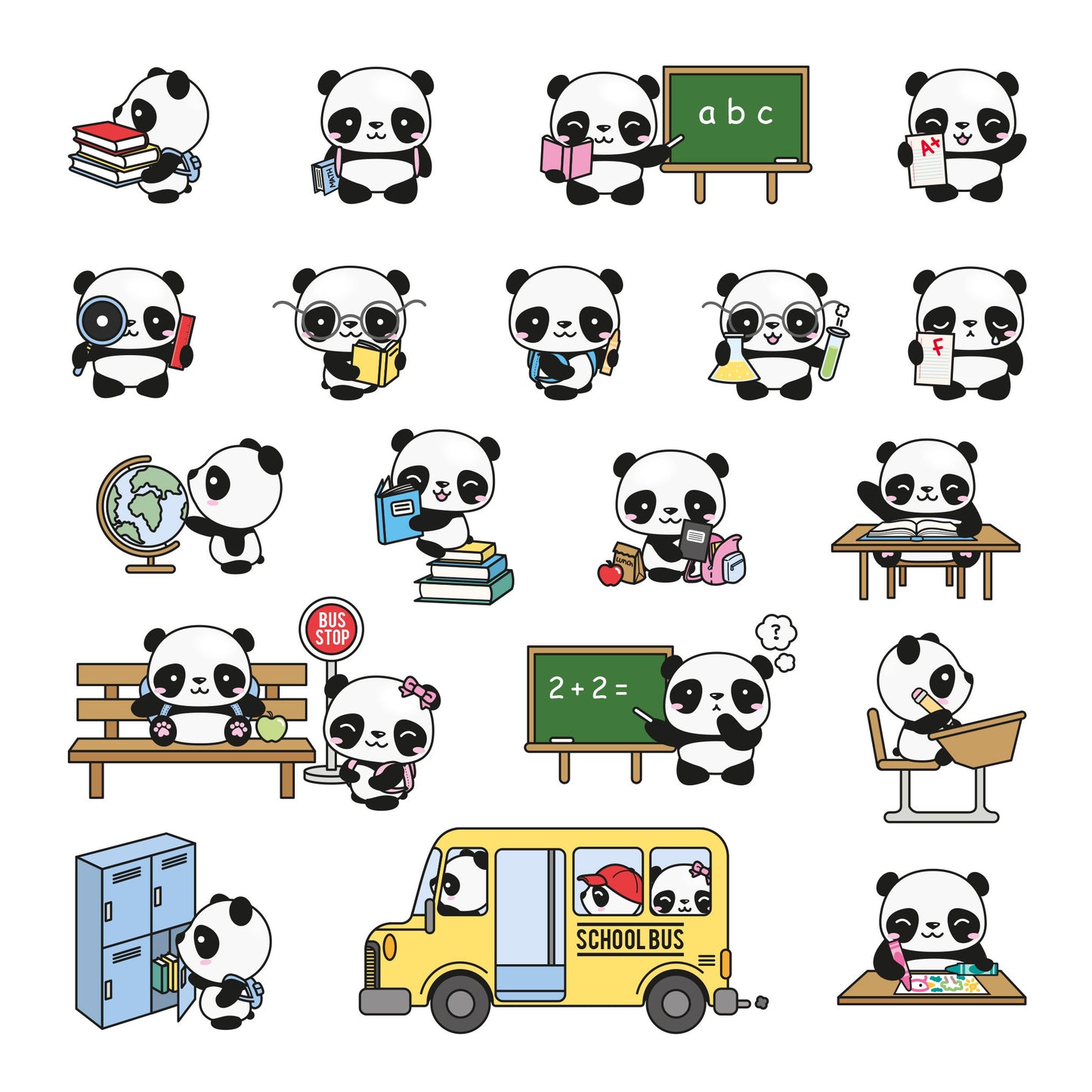 Premium Vector Clipart - Kawaii Pandas Back To School - Cute Panda Clipart Set - High Quality Vectors - Kawaii School Clipart