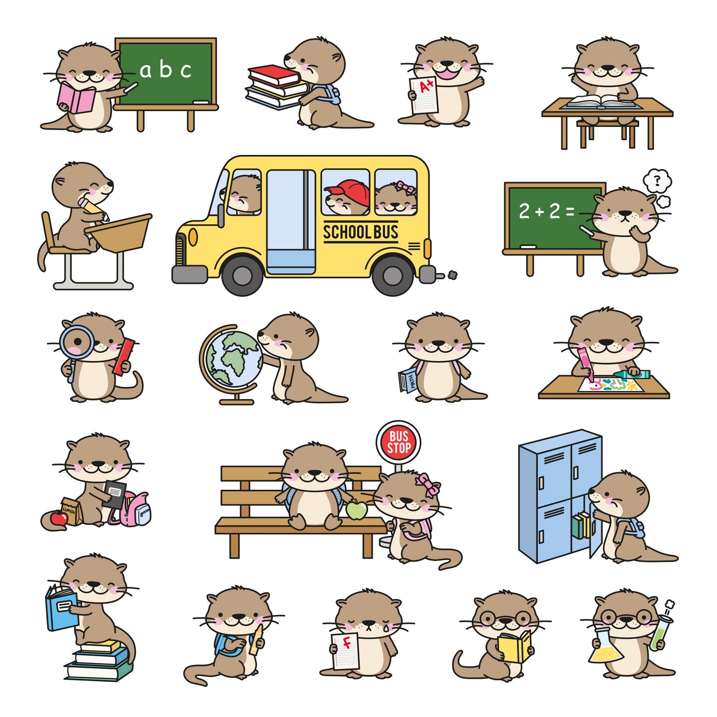 Premium Vector Clipart - Kawaii Otter - Cute Otters Back to School - School  - Instant Download - Kawaii Clipart