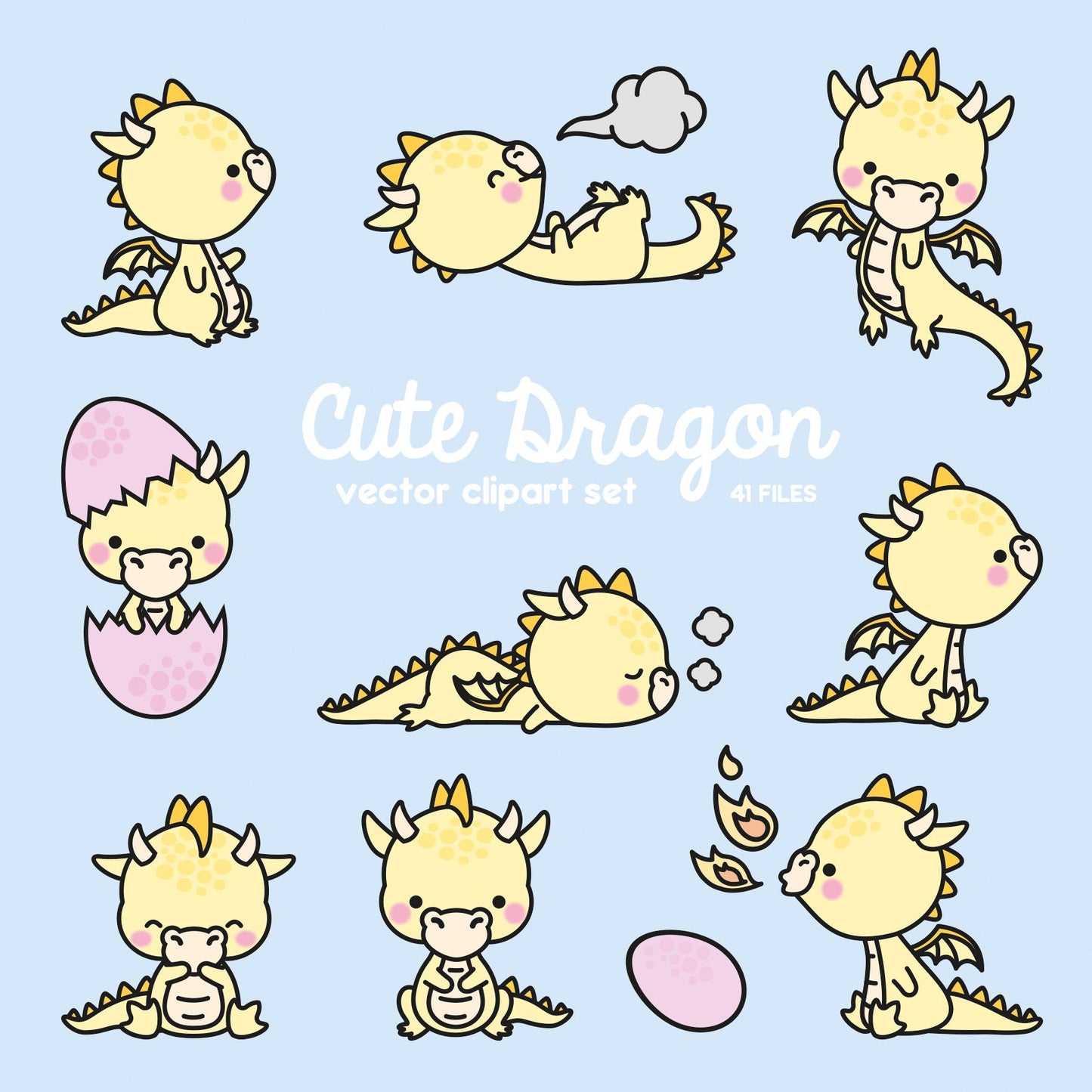 Premium Vector Clipart - Kawaii Yellow Dragon - Cute Baby Dragons Clipart Set - High Quality Vectors - Instant Download - Kawaii Clipart