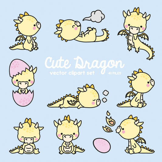 Premium Vector Clipart - Kawaii Yellow Dragon - Cute Baby Dragons Clipart Set - High Quality Vectors - Instant Download - Kawaii Clipart