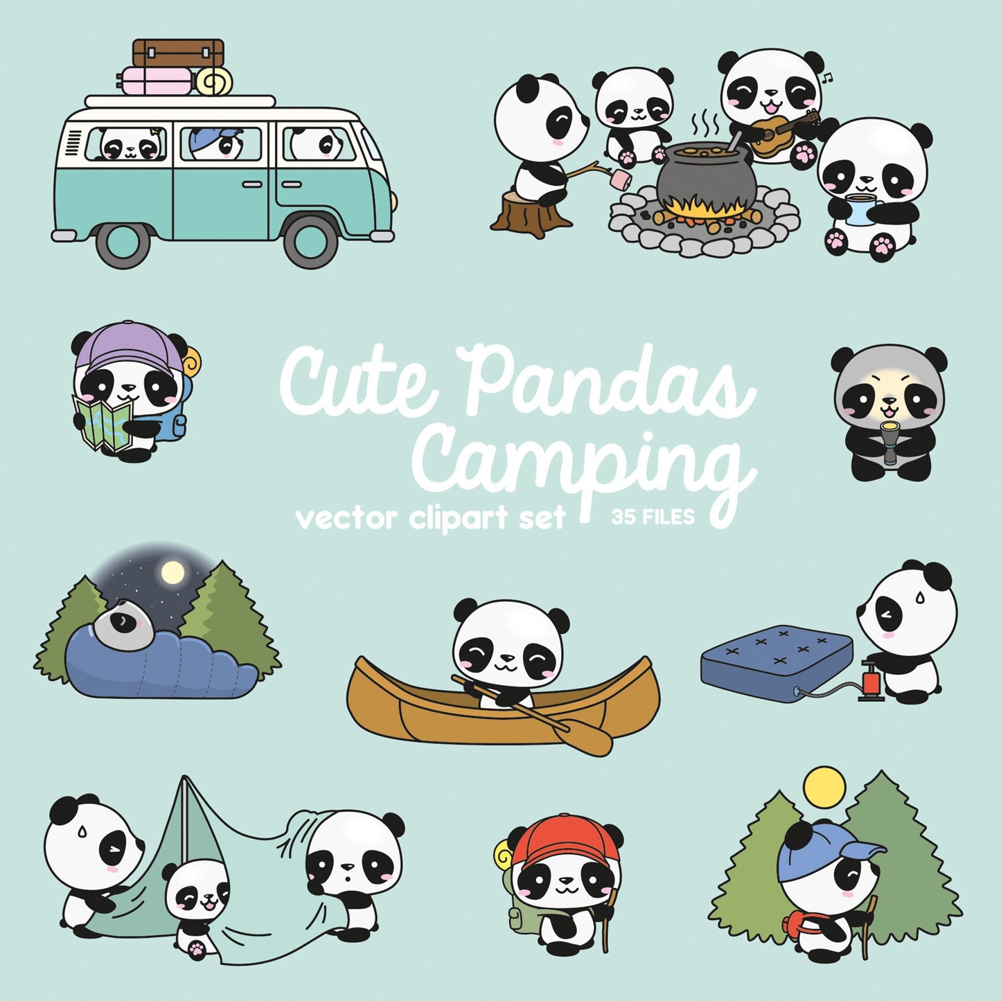 Premium Vector Clipart - Kawaii Pandas Camping - Cute Panda bears Clipart Set - High Quality Vectors - Kawaii Camping Clipart