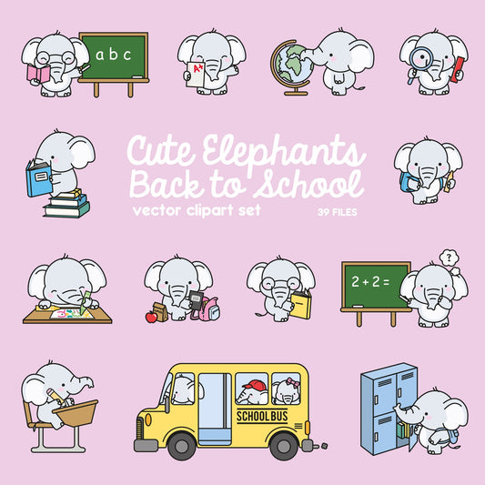 Premium Vector Clipart - Kawaii Elephants Back To School - Cute Elephant Clipart Set - High Quality Vectors - Kawaii School Clipart