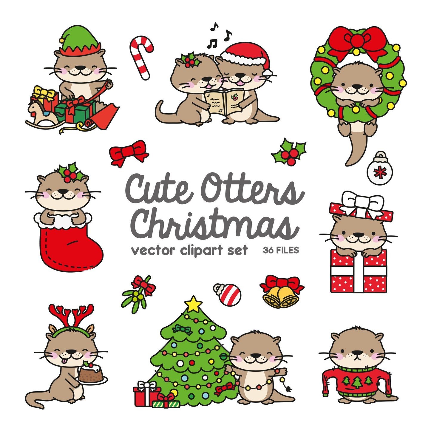 Premium Vector Clipart - Kawaii Otter - Cute Otters Christmas - Xmas - Instant Download - Kawaii Clipart