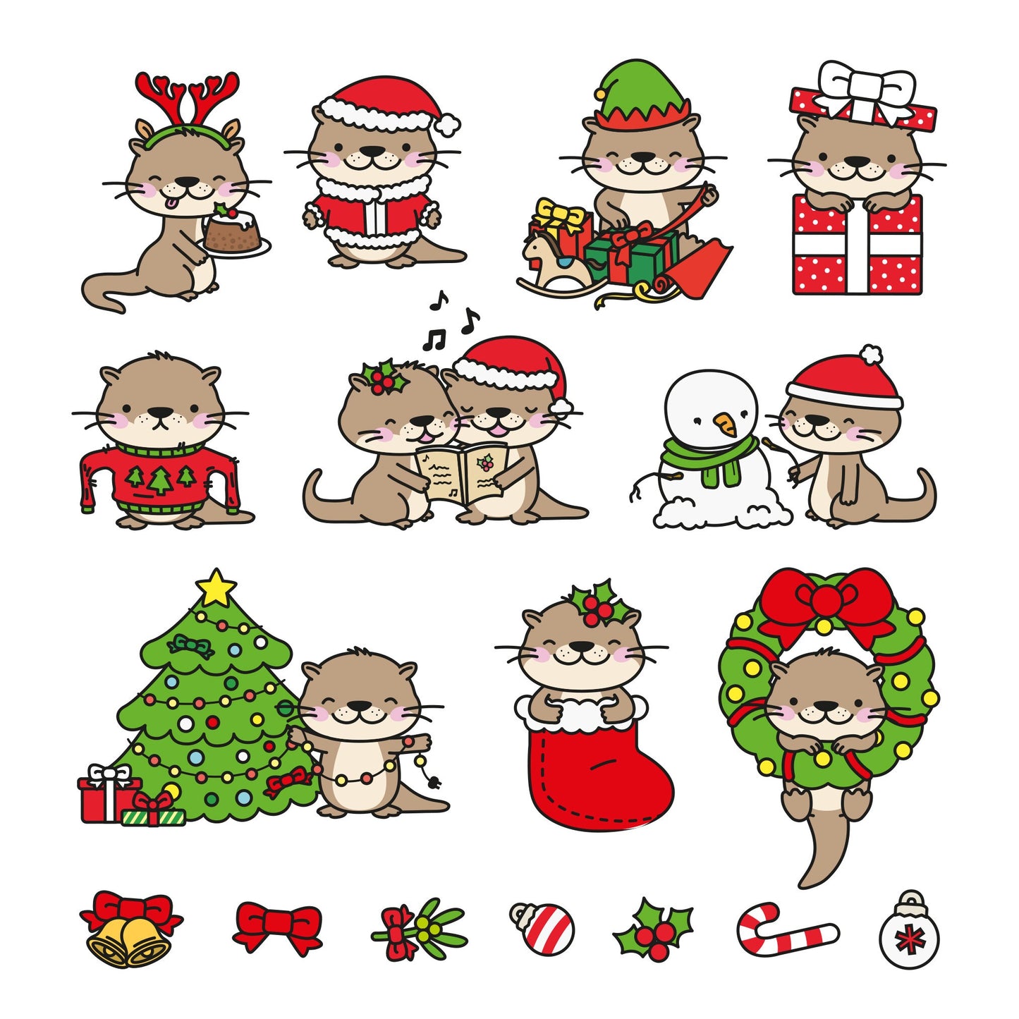 Premium Vector Clipart - Kawaii Otter - Cute Otters Christmas - Xmas - Instant Download - Kawaii Clipart