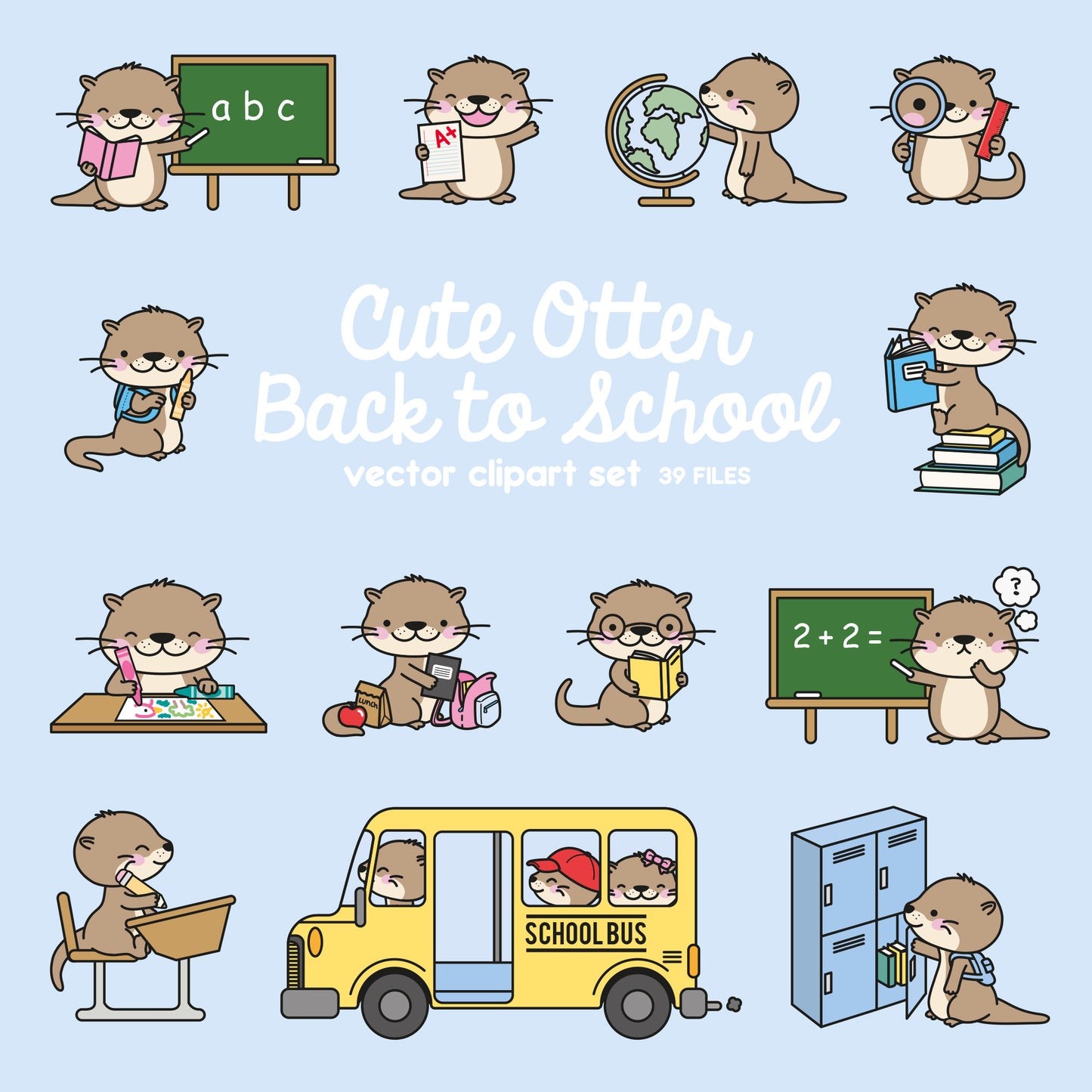 Premium Vector Clipart - Kawaii Otter - Cute Otters Back to School - School  - Instant Download - Kawaii Clipart