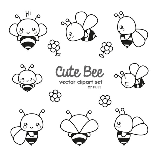 Premium Vector Clipart - Kawaii Bee Outlines - Cute Bees Outlines Clipart Set - High Quality Vectors - Instant Download