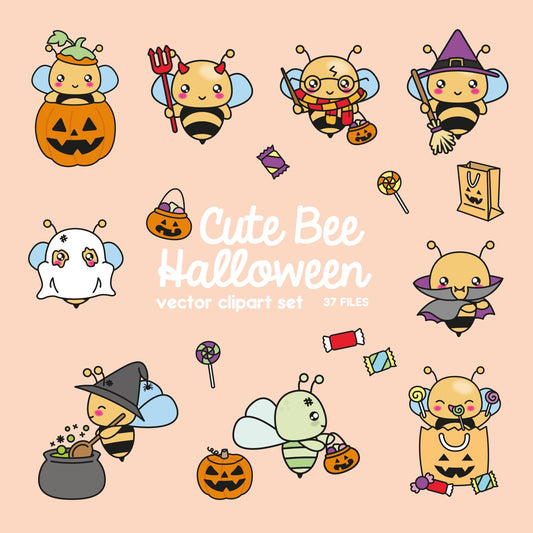 Premium Vector Clipart - Kawaii Halloween Bees - Cute Halloween Bees Clipart Set - High Quality Vectors - Kawaii Halloween Clipart